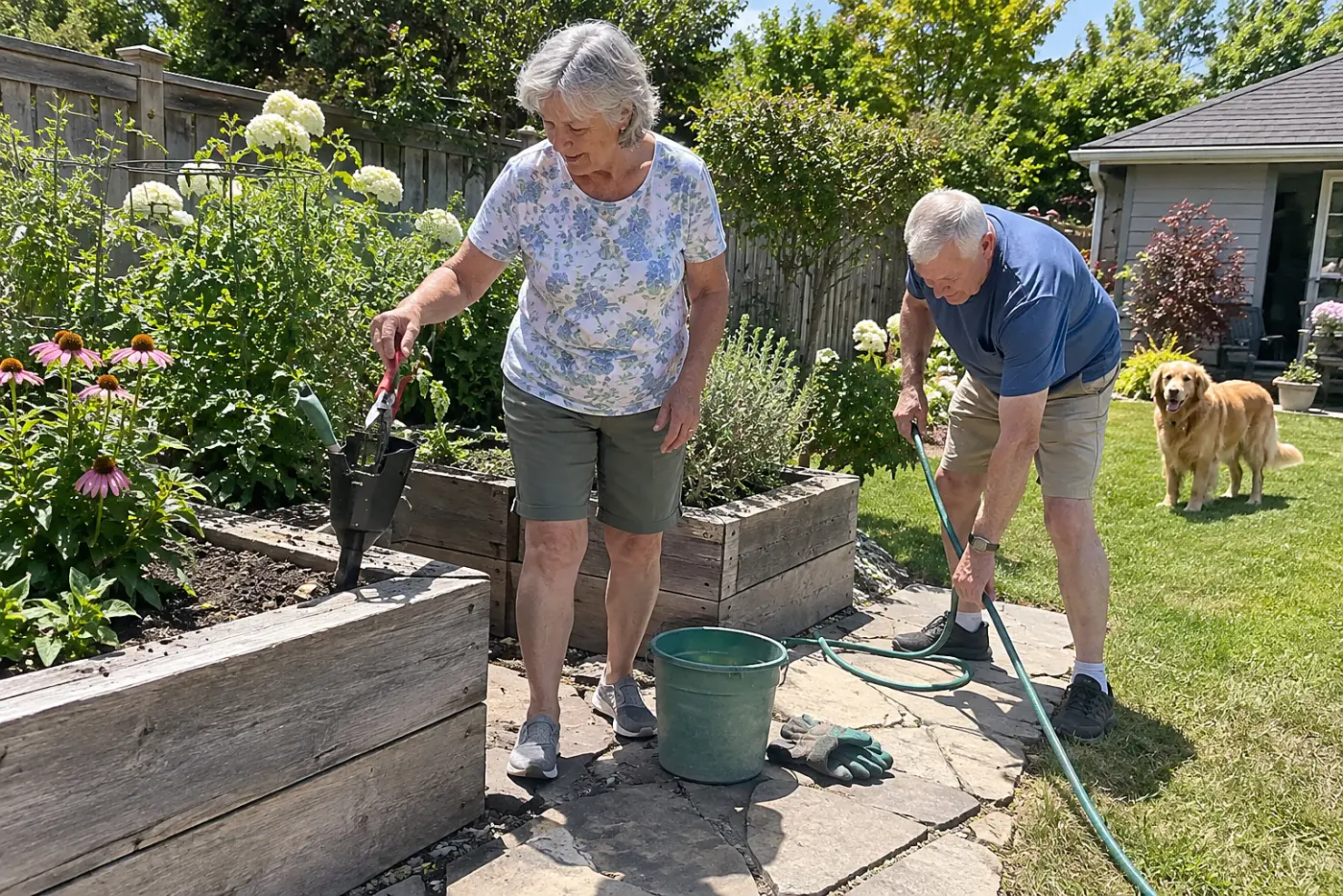 Older woman returning pruners to a tool holder beside her garden bed.