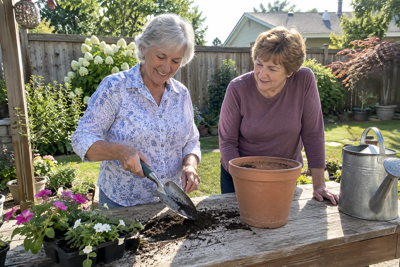 Older woman testing a larger trowel grip at a potting table.