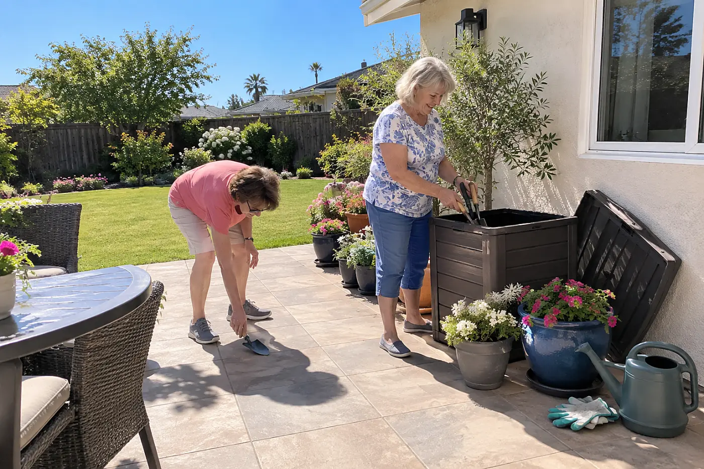 Older woman placing spare garden tools in a closed container beside her patio planters.