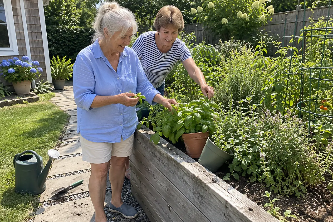 Older woman picking basil from pots along the near edge of a raised bed.