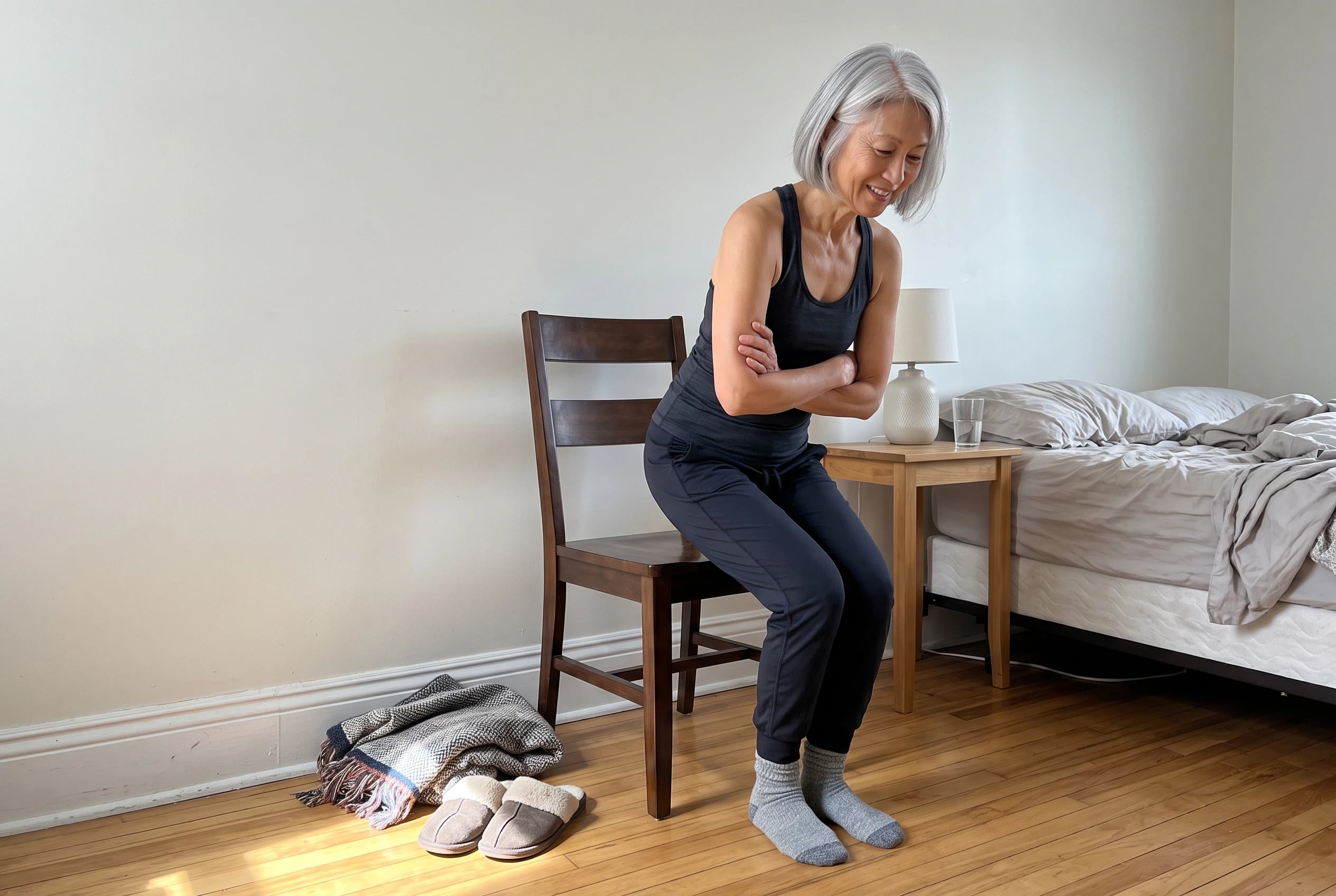 A woman in her seventies stands up from a wooden chair with her arms crossed.