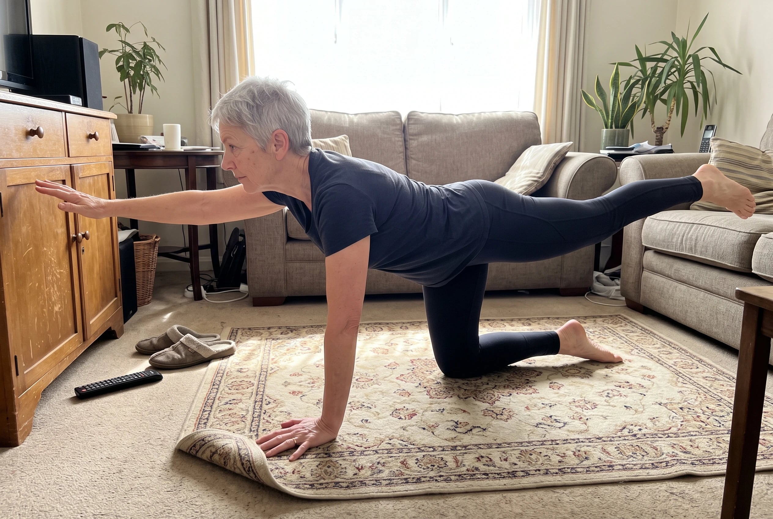 A woman with short grey hair performs a bird dog exercise on a rug.