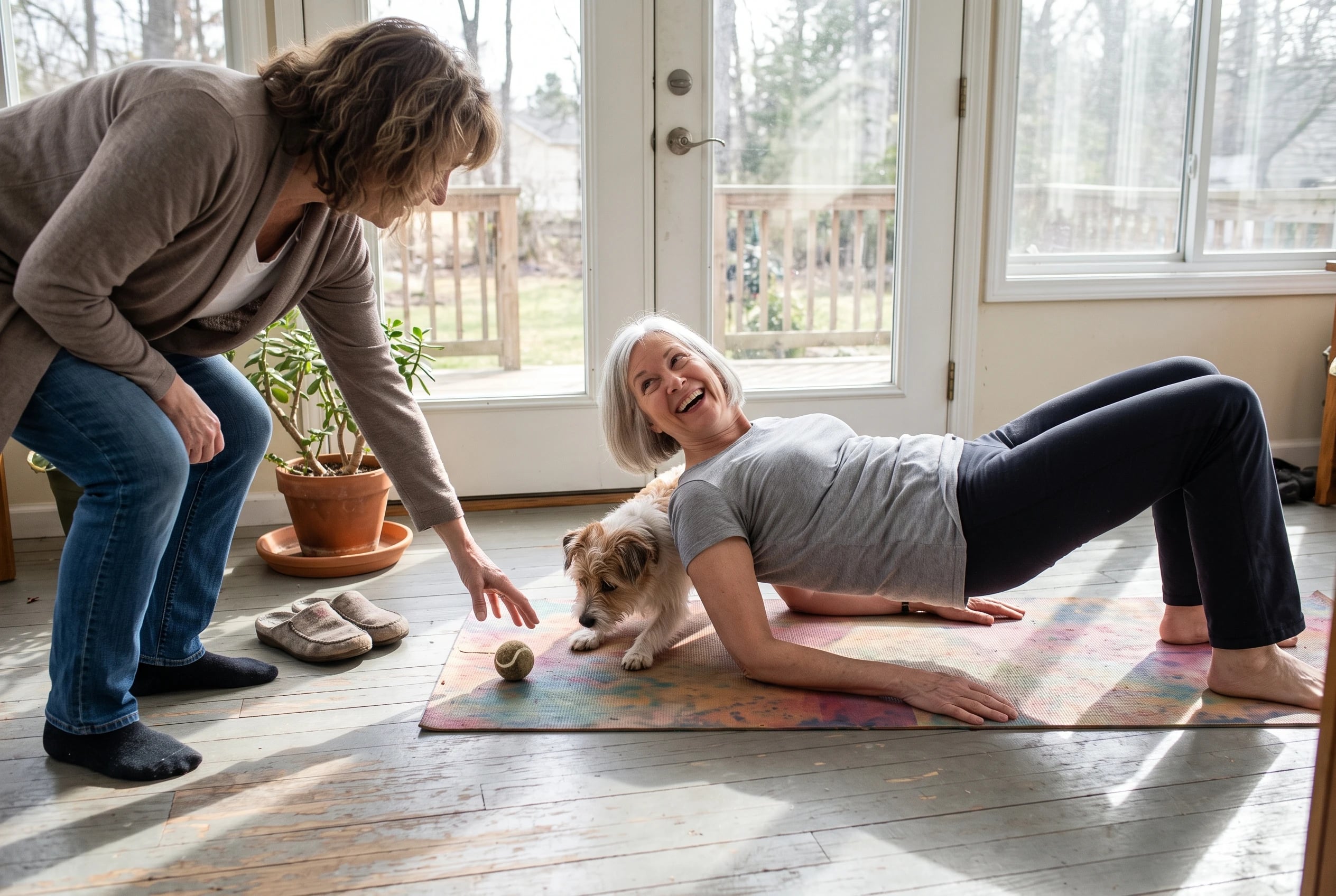 A grey-haired woman does a hip bridge exercise on a mat in a sunroom.