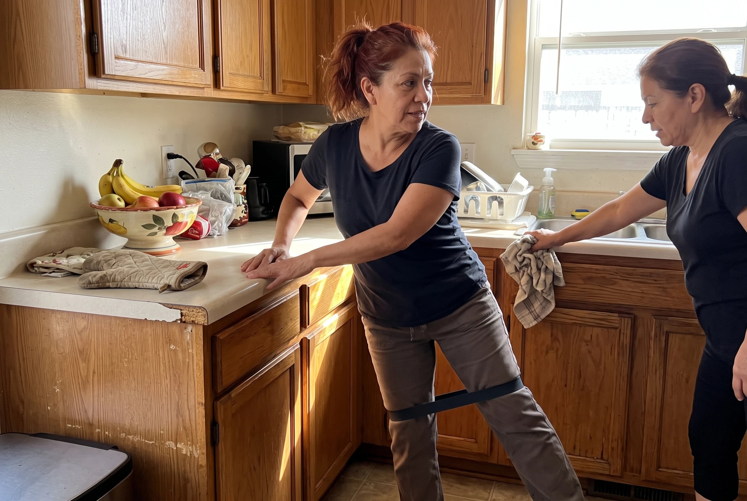 A woman in her sixties side-steps along a kitchen counter with a resistance band.