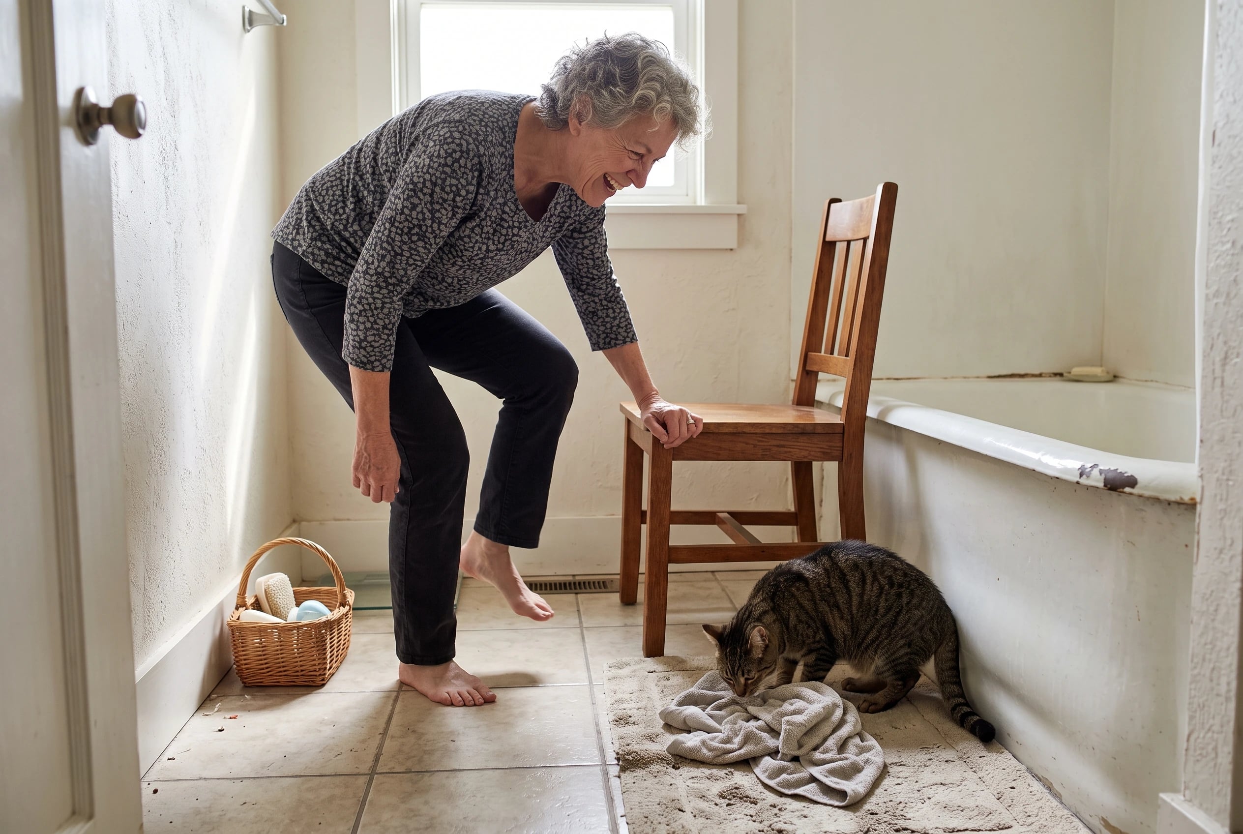 A woman in her sixties lifts one foot beside a chair in a bathroom.