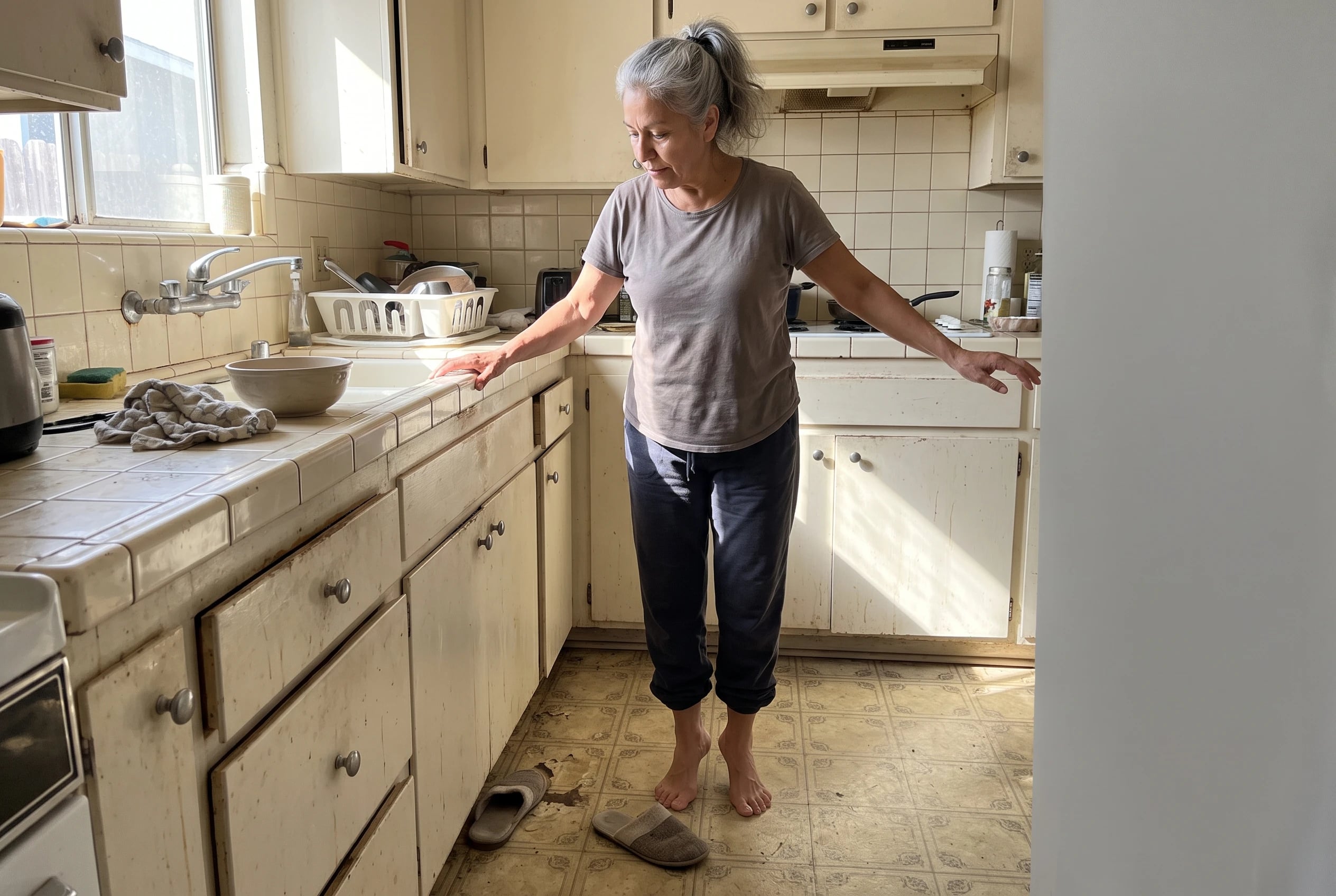 A woman in her sixties does toe lifts while holding onto a kitchen counter.