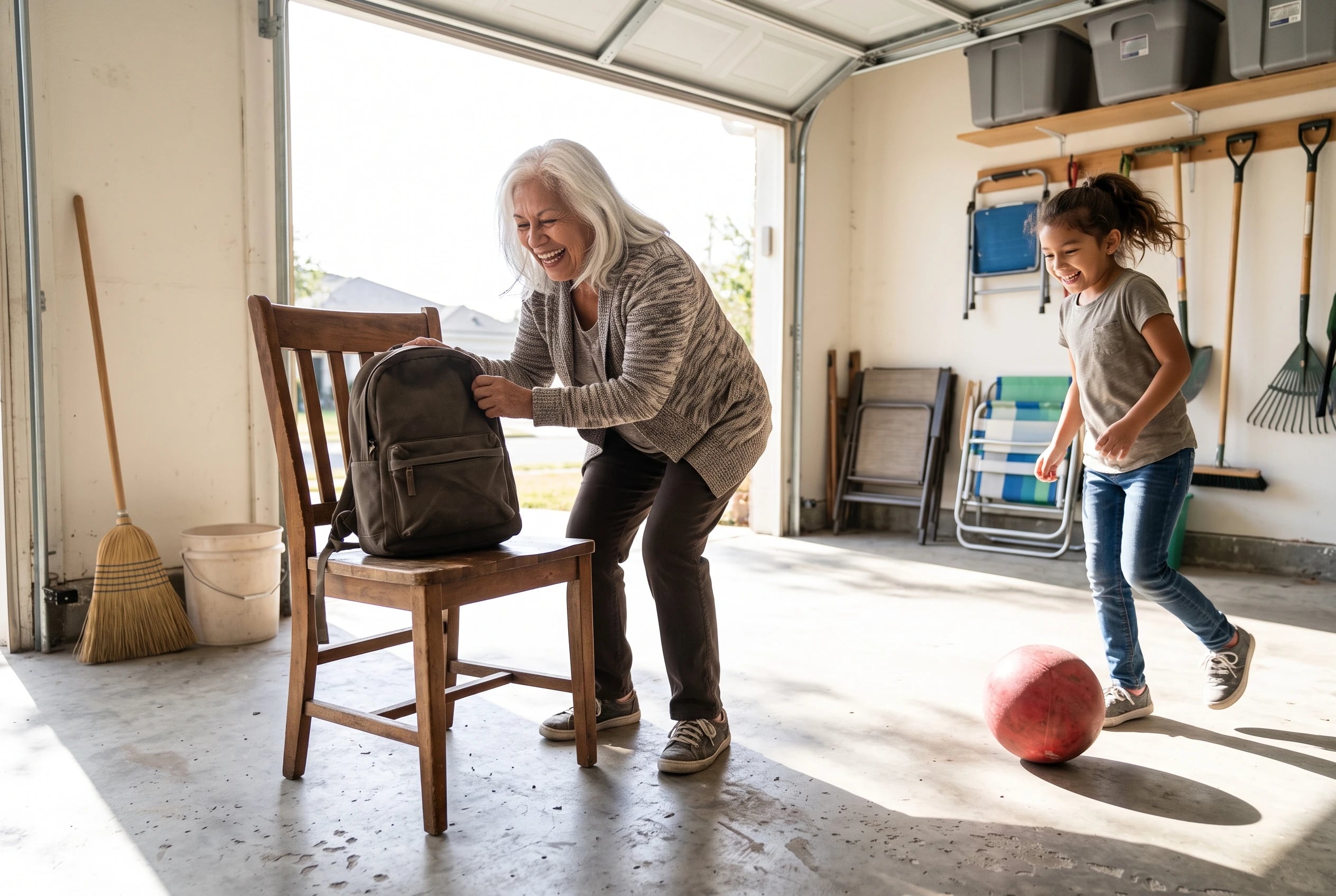 A woman in her sixties bends to lift a backpack off a chair inside a garage.