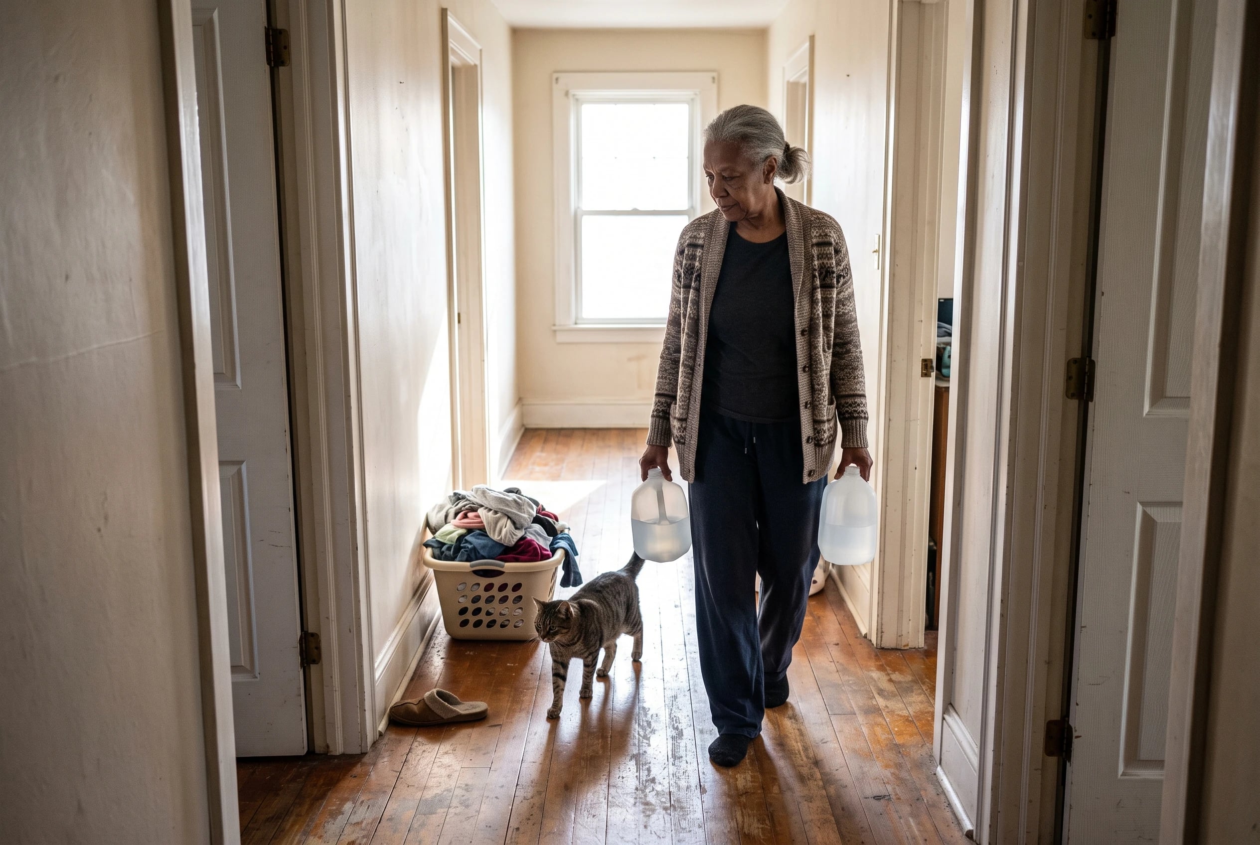 A woman in her sixties carries two water jugs down a hallway beside a cat.