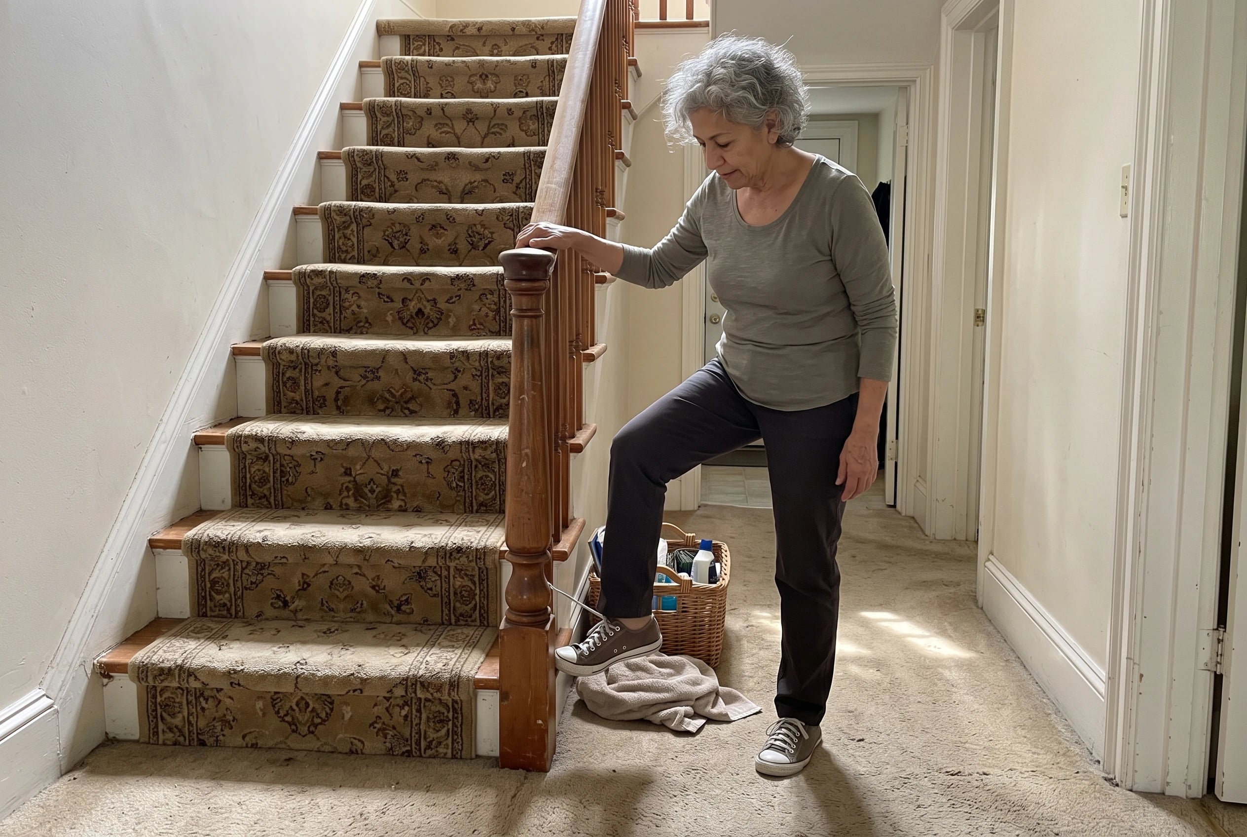 An older woman holding a banister steps onto the bottom stair of a carpeted staircase.