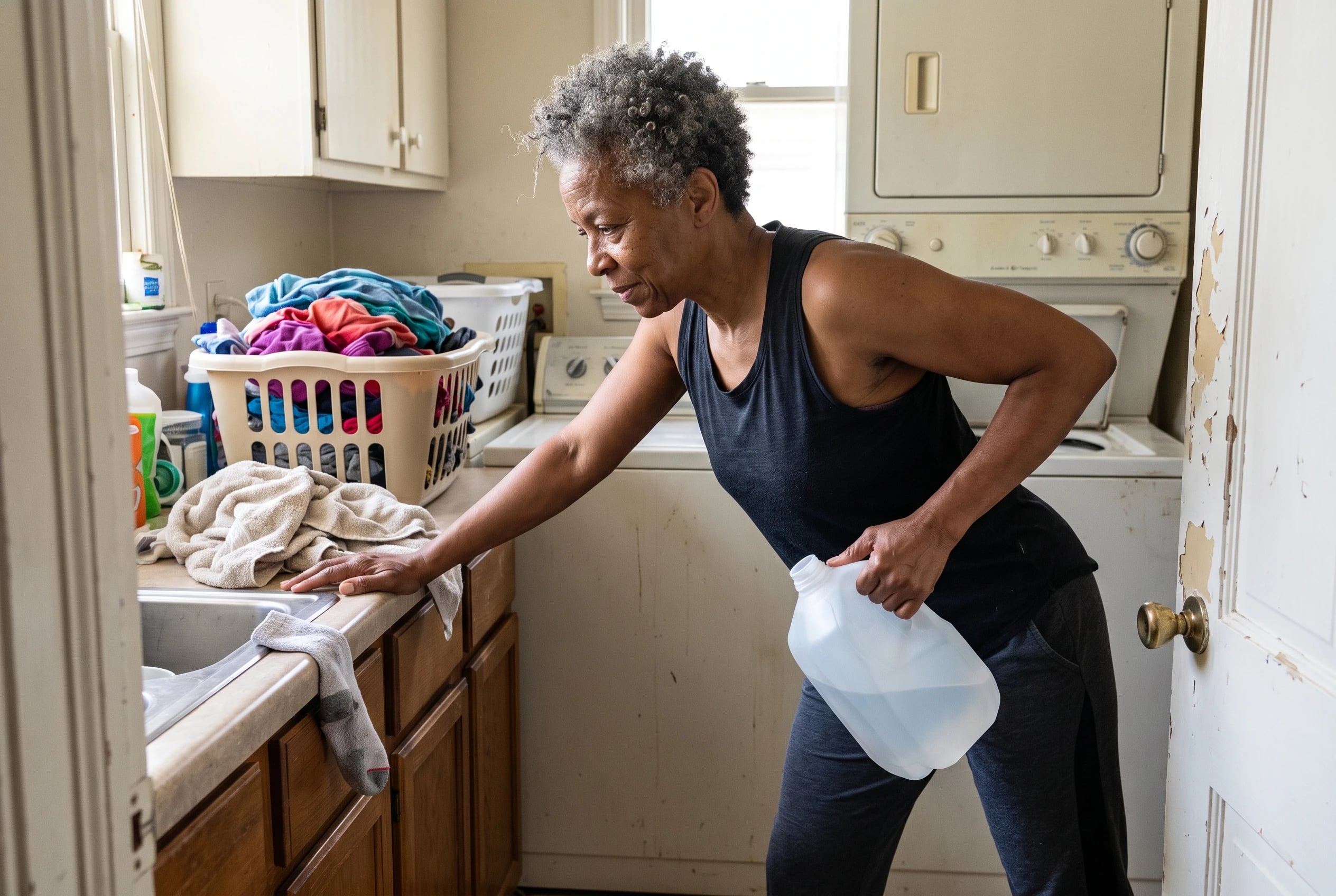 A woman in her sixties rests one hand on a laundry room counter while lifting a water jug.