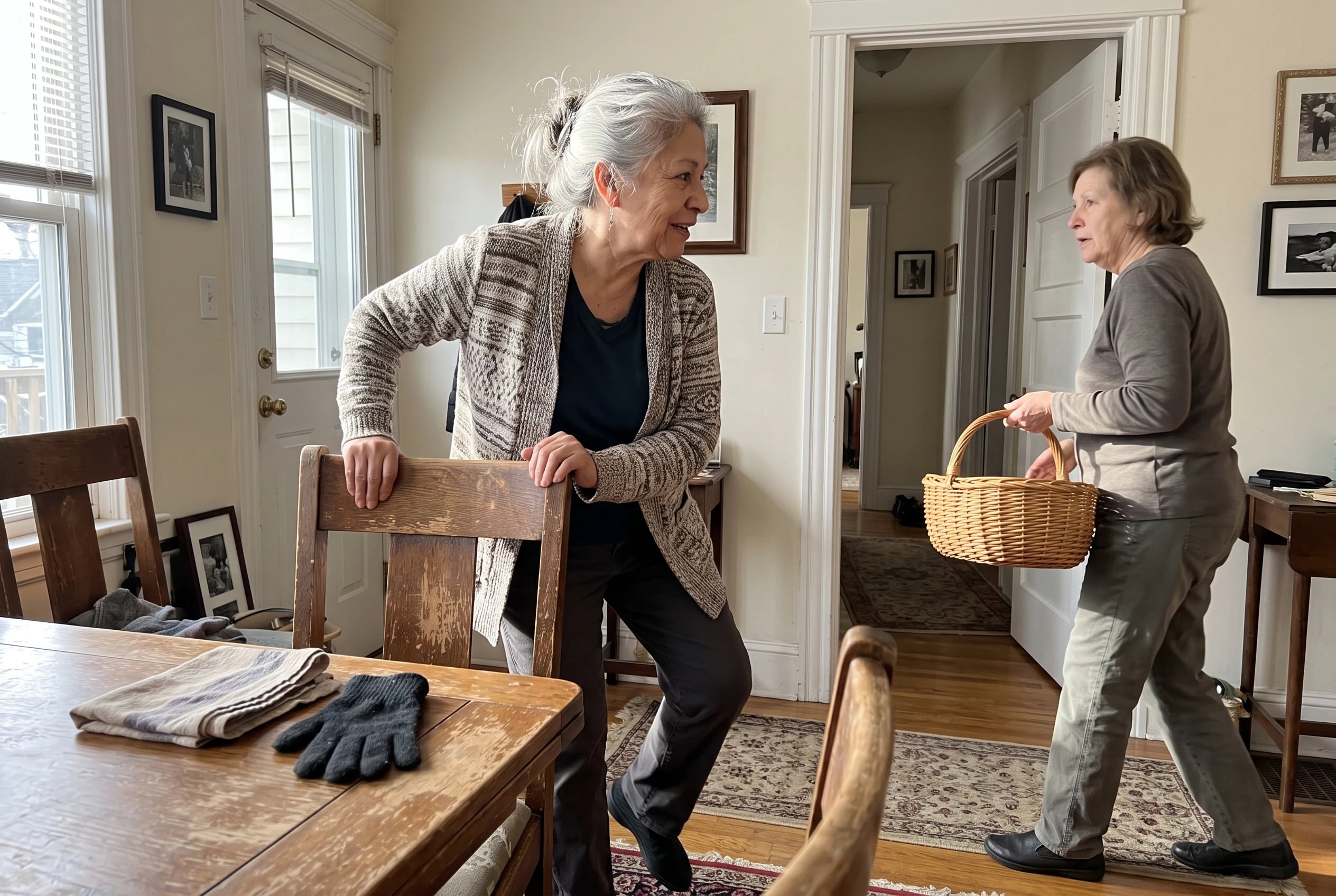 A woman in her sixties holds the back of a wooden chair doing heel raises.