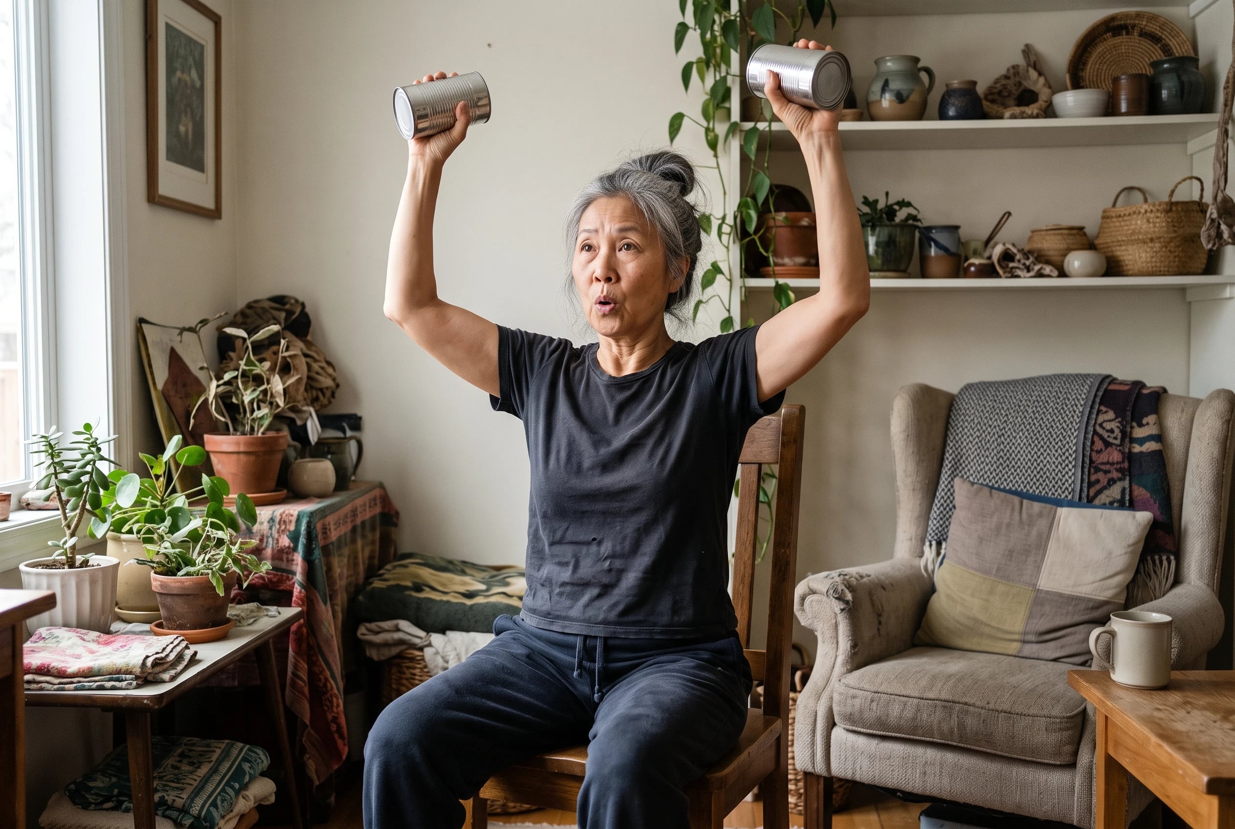 An older woman with grey hair sits in a chair, lifting two tin cans.