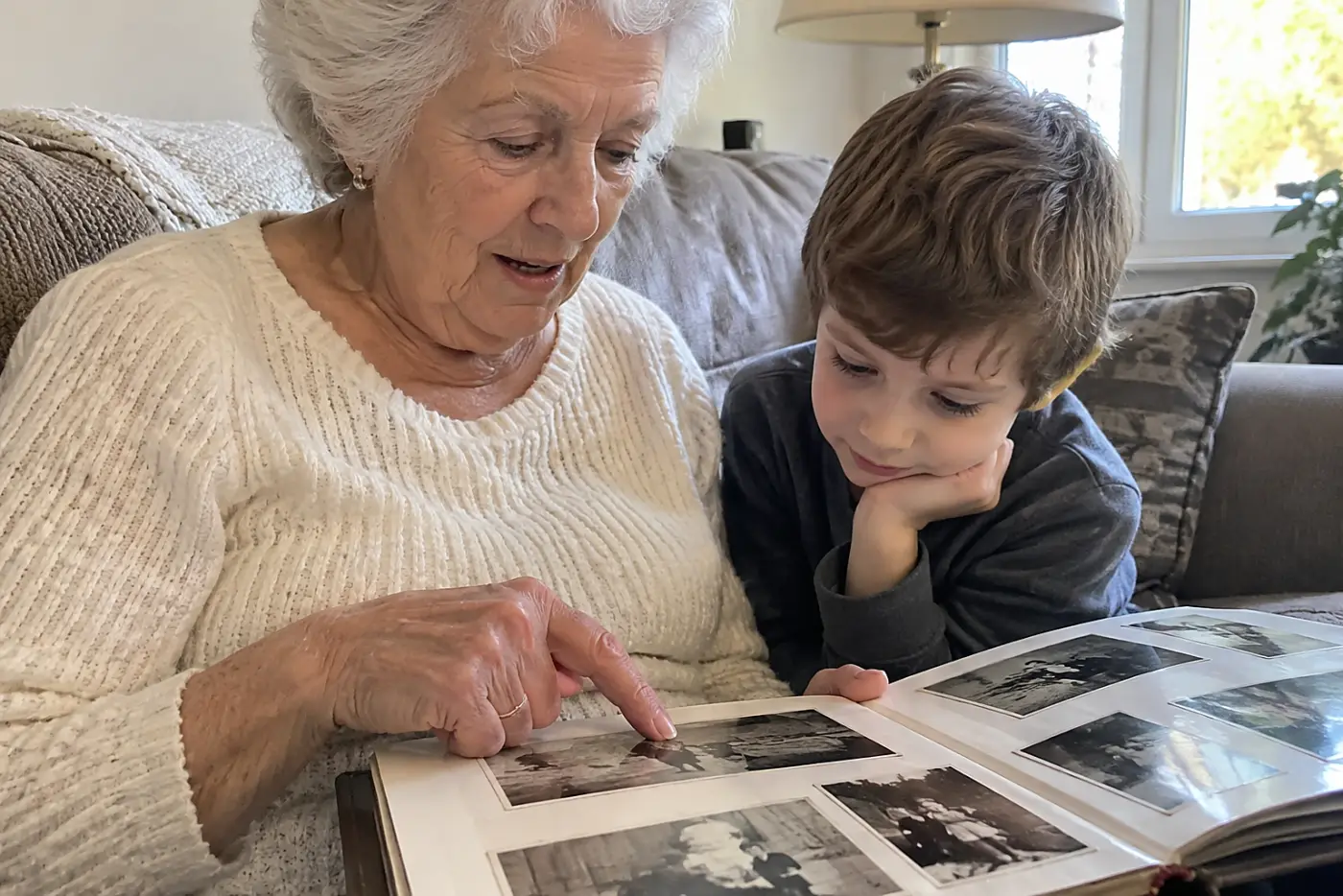A grandmother reads from a printed book of her life stories while her grandchild sits beside her on the sofa.