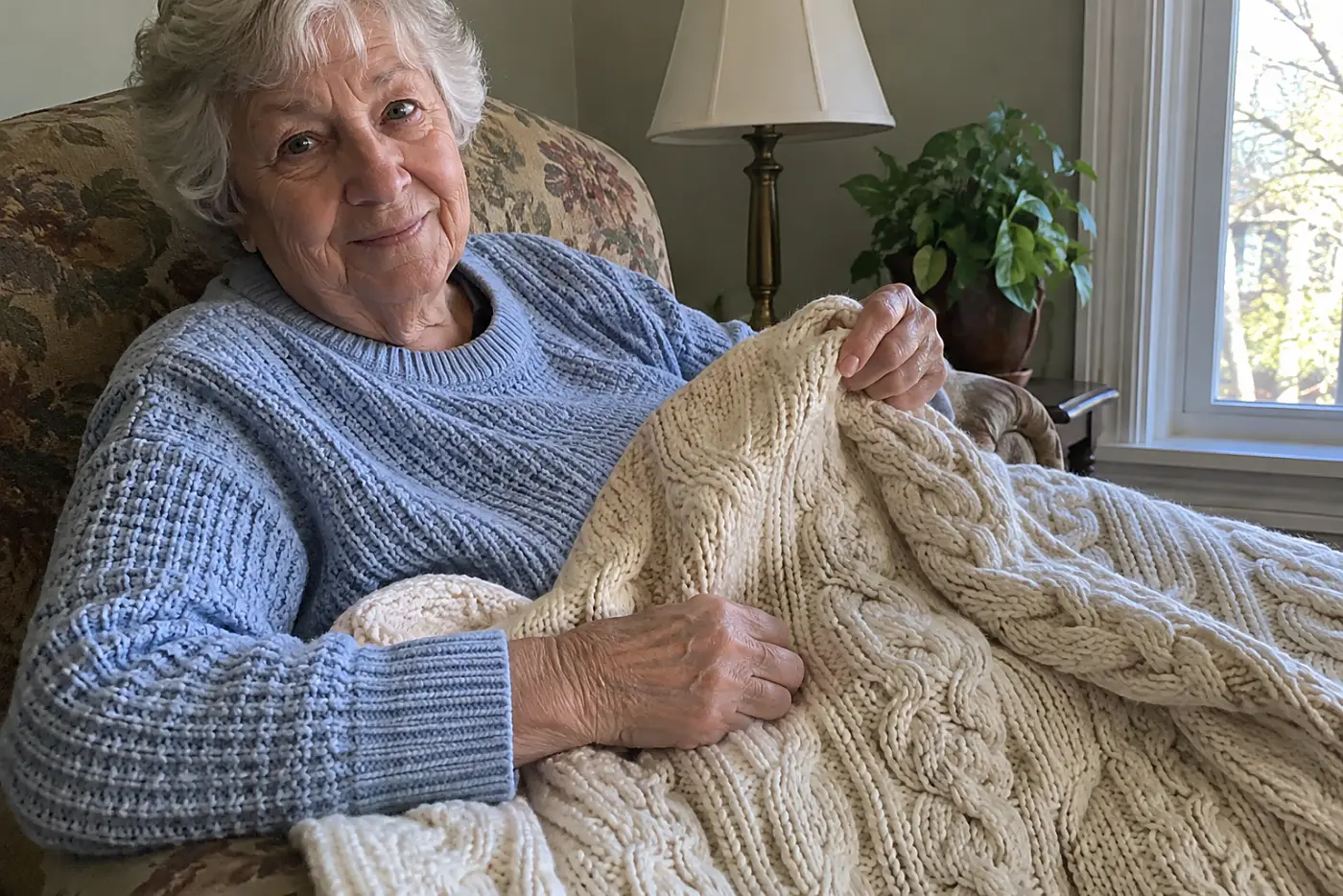 A grandmother drapes a cable-knit throw over her lap in a living room chair.