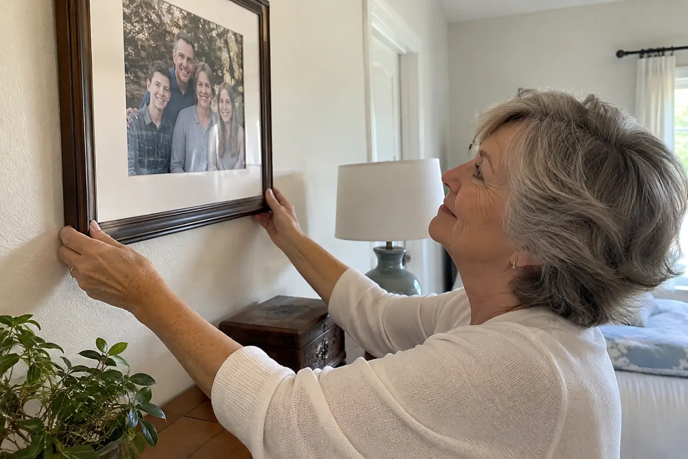 A woman with grey hair adjusts a framed family portrait on a bedroom wall.
