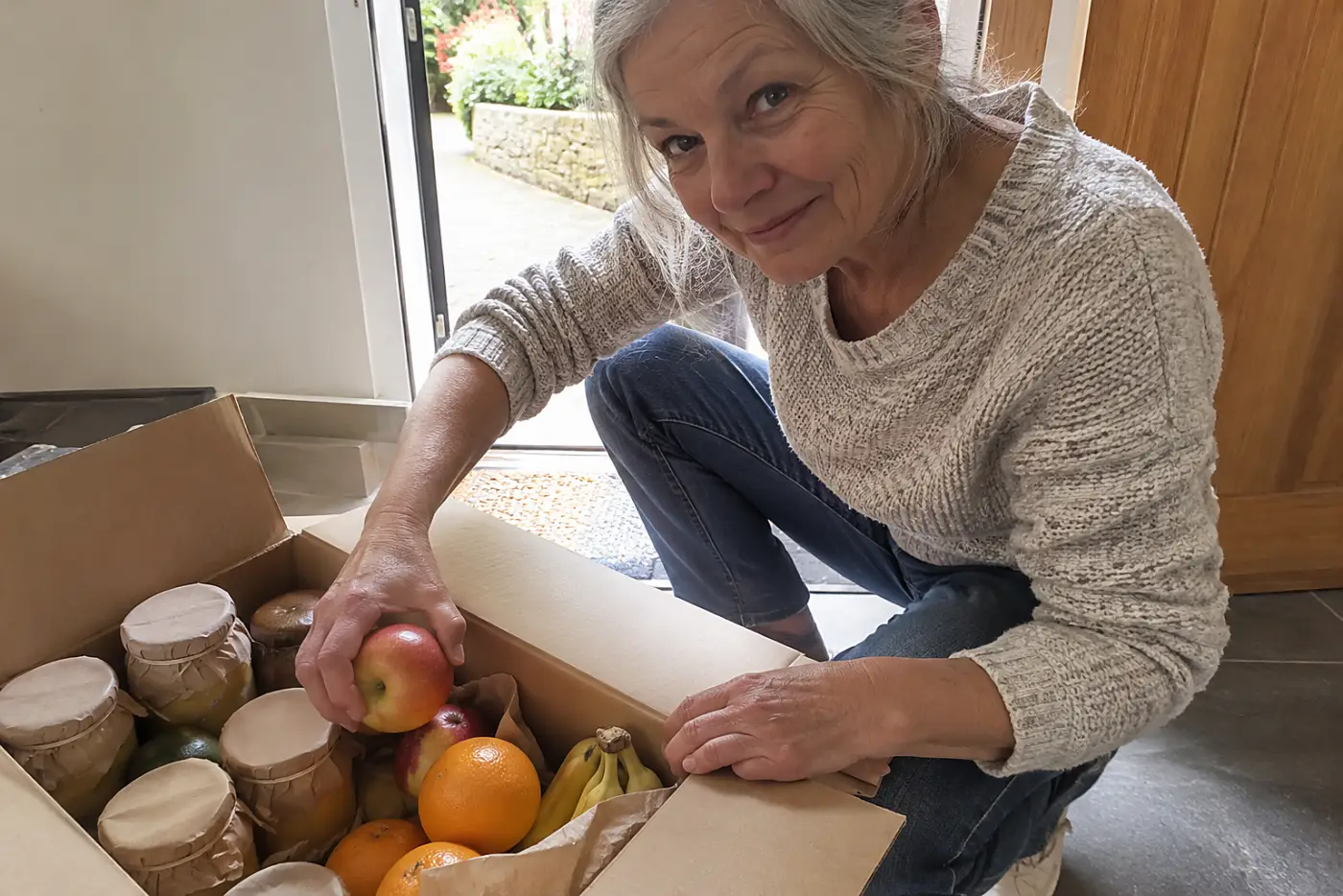 An older woman opens a food care package beside her front door.