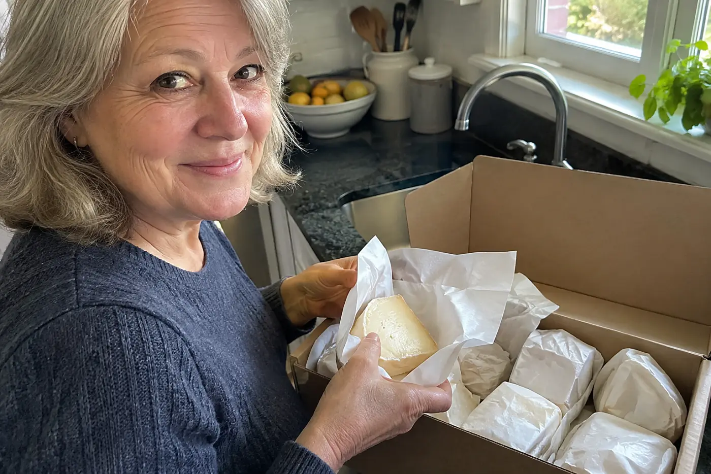 An older woman opens a cheese delivery box at her kitchen counter.