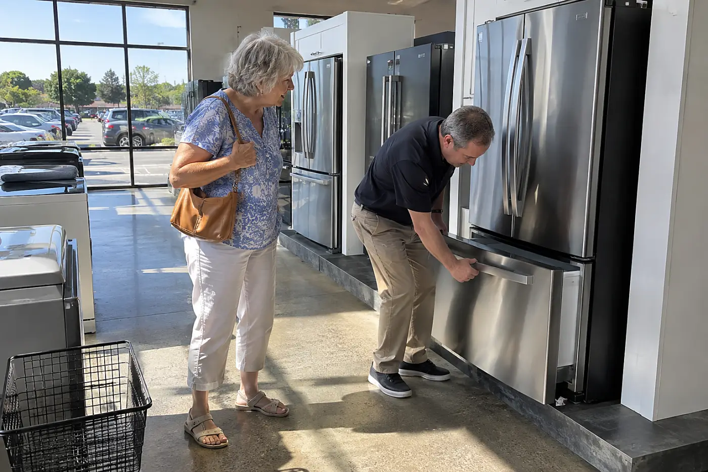 Older woman asking a store associate a question beside an appliance display.