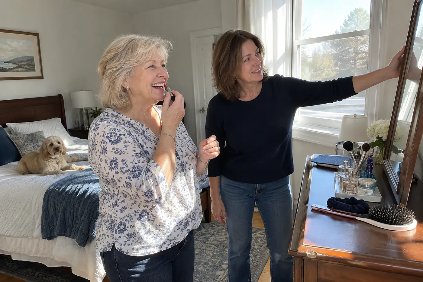Older woman trying lipstick beside a bedroom window.