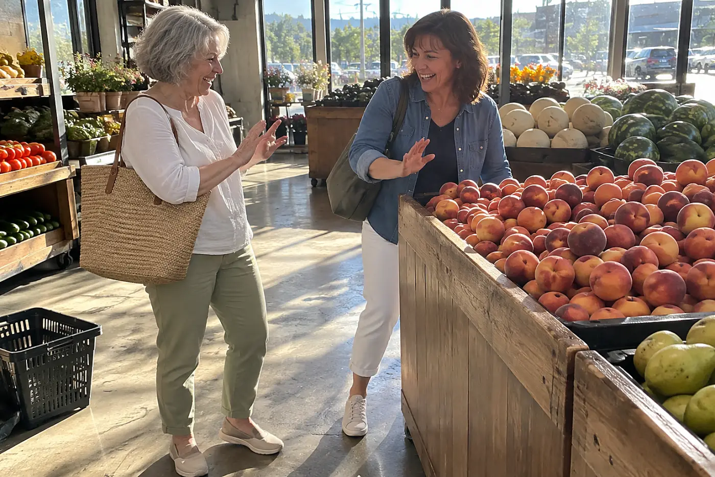 Older woman talking with another shopper beside a grocery store produce display.
