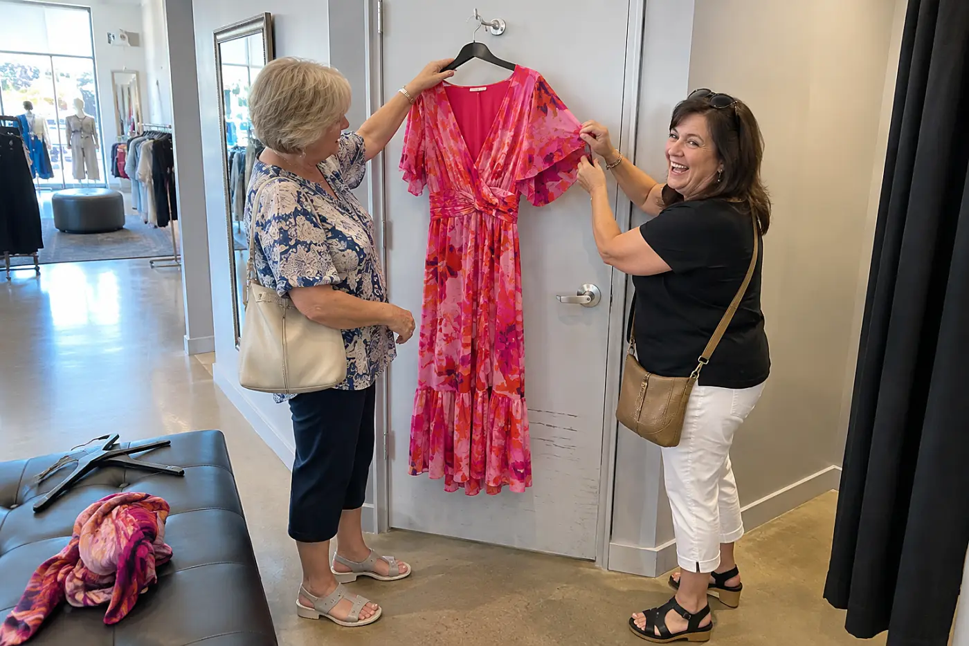Older woman holding a bright dress outside a store fitting room.