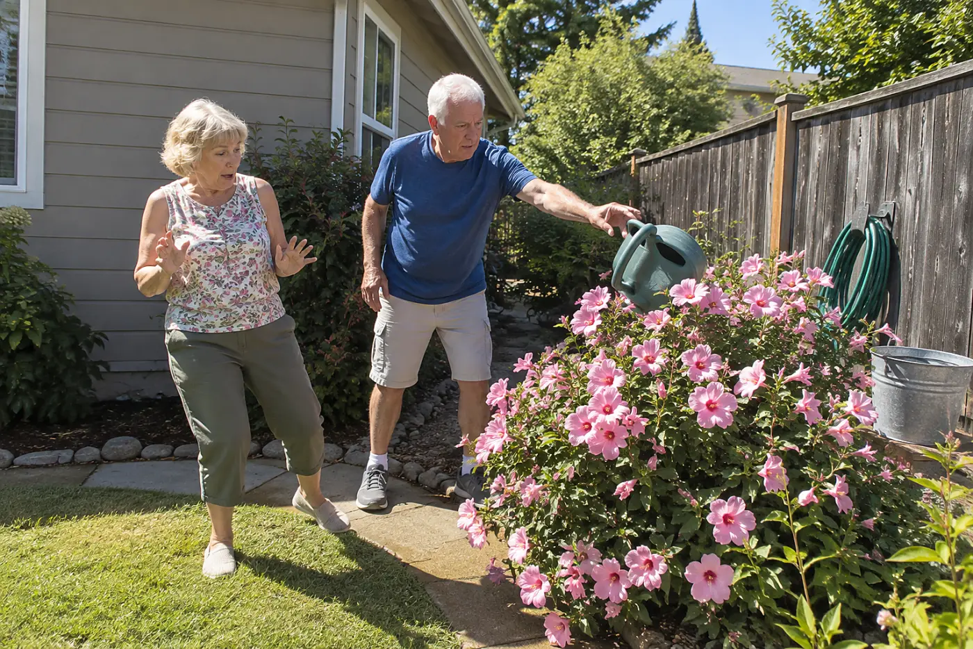 A man waters a blooming shell pink lavatera bush beside a woman in a garden.