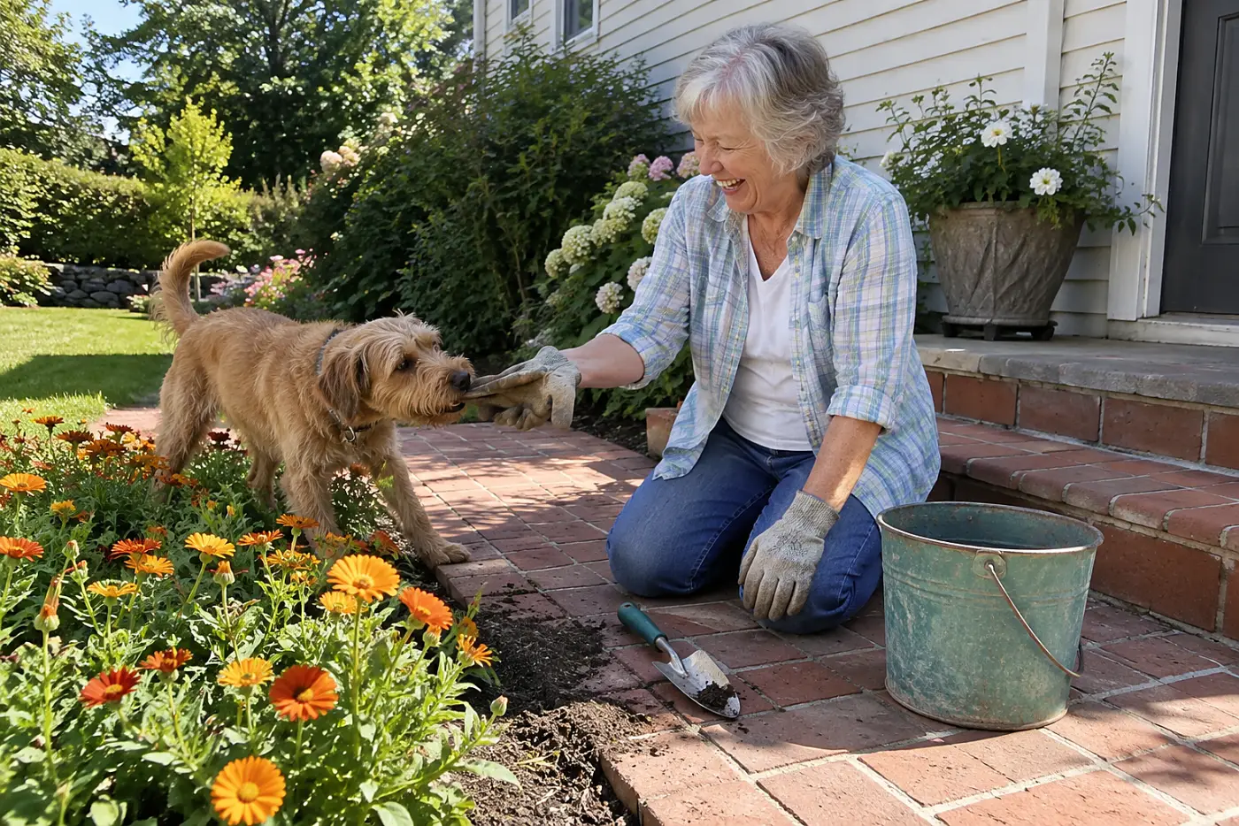 A woman in her seventies kneels beside orange marigolds on a brick path, greeting a dog.