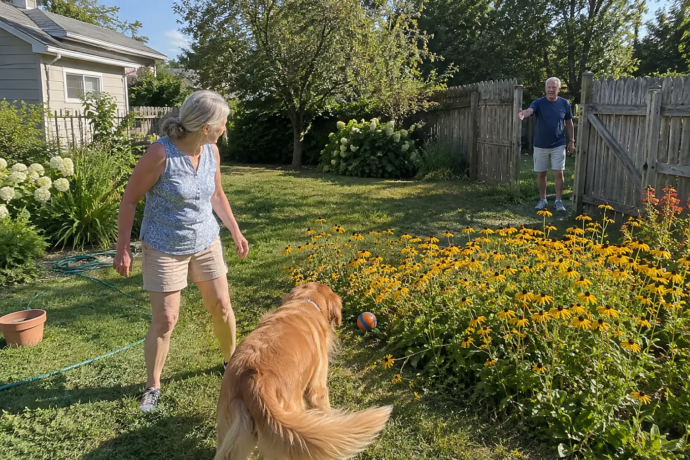 A woman in her sixties looks across a patch of yellow black-eyed Susans.