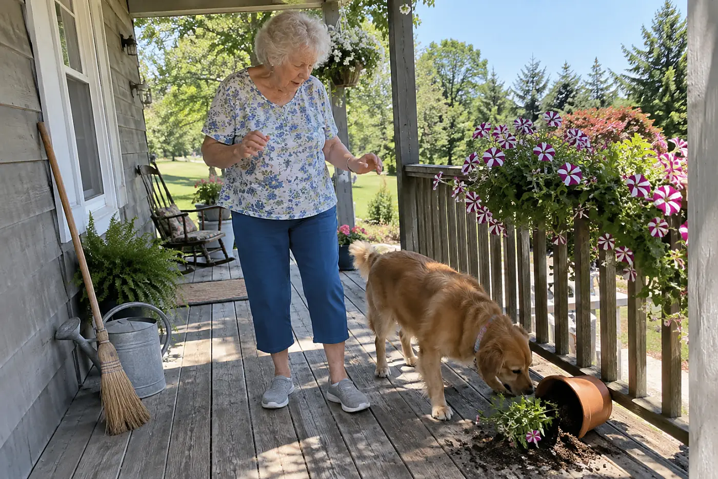 A woman in her seventies watches a dog sniff a spilled pot of petunias.