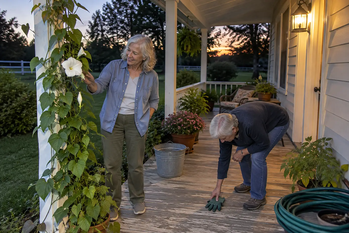 A woman in her sixties admires a white moonflower climbing a porch post at dusk.