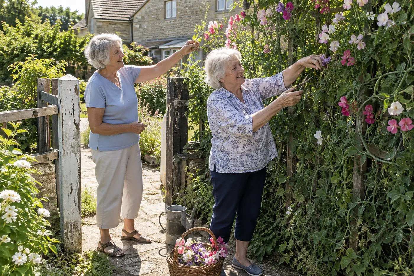 Two older women trim pink sweet peas from a trellis in a garden.