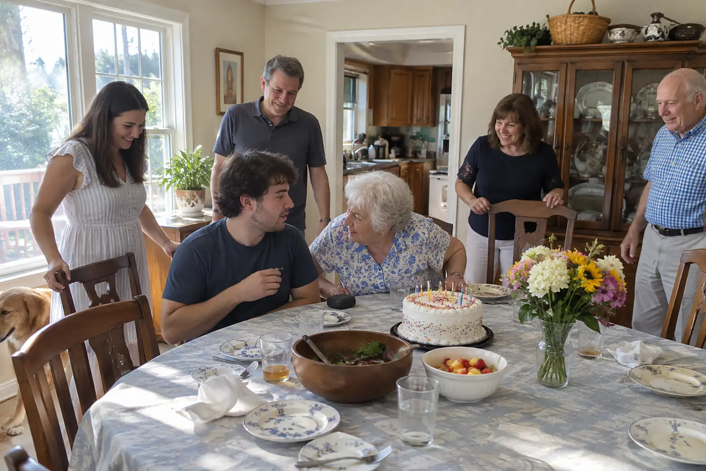 A grandmother speaks with her grandson beside a hearing aid case at a crowded birthday table.
