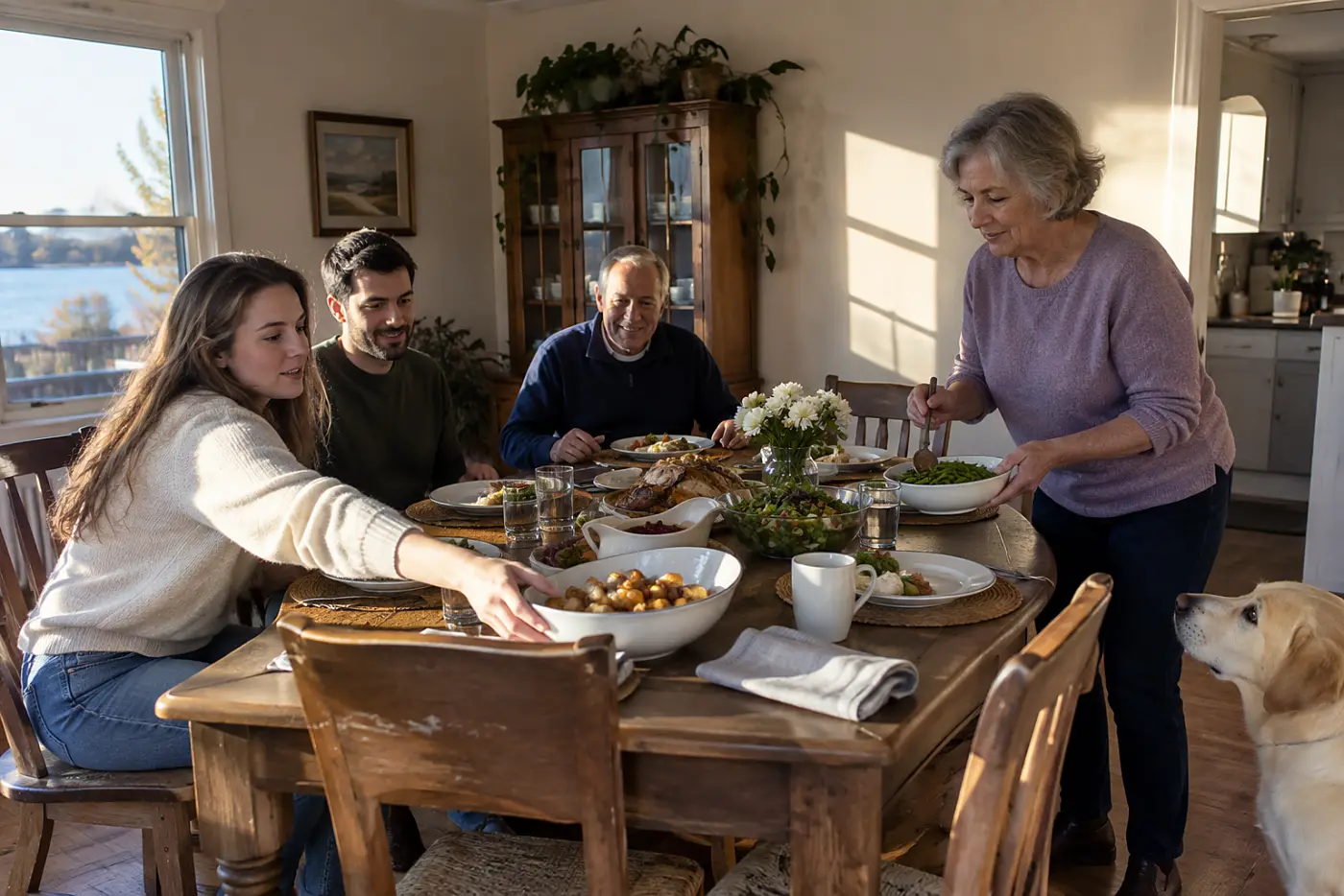 A grandmother holds a serving spoon beside her granddaughter at a family dinner table.