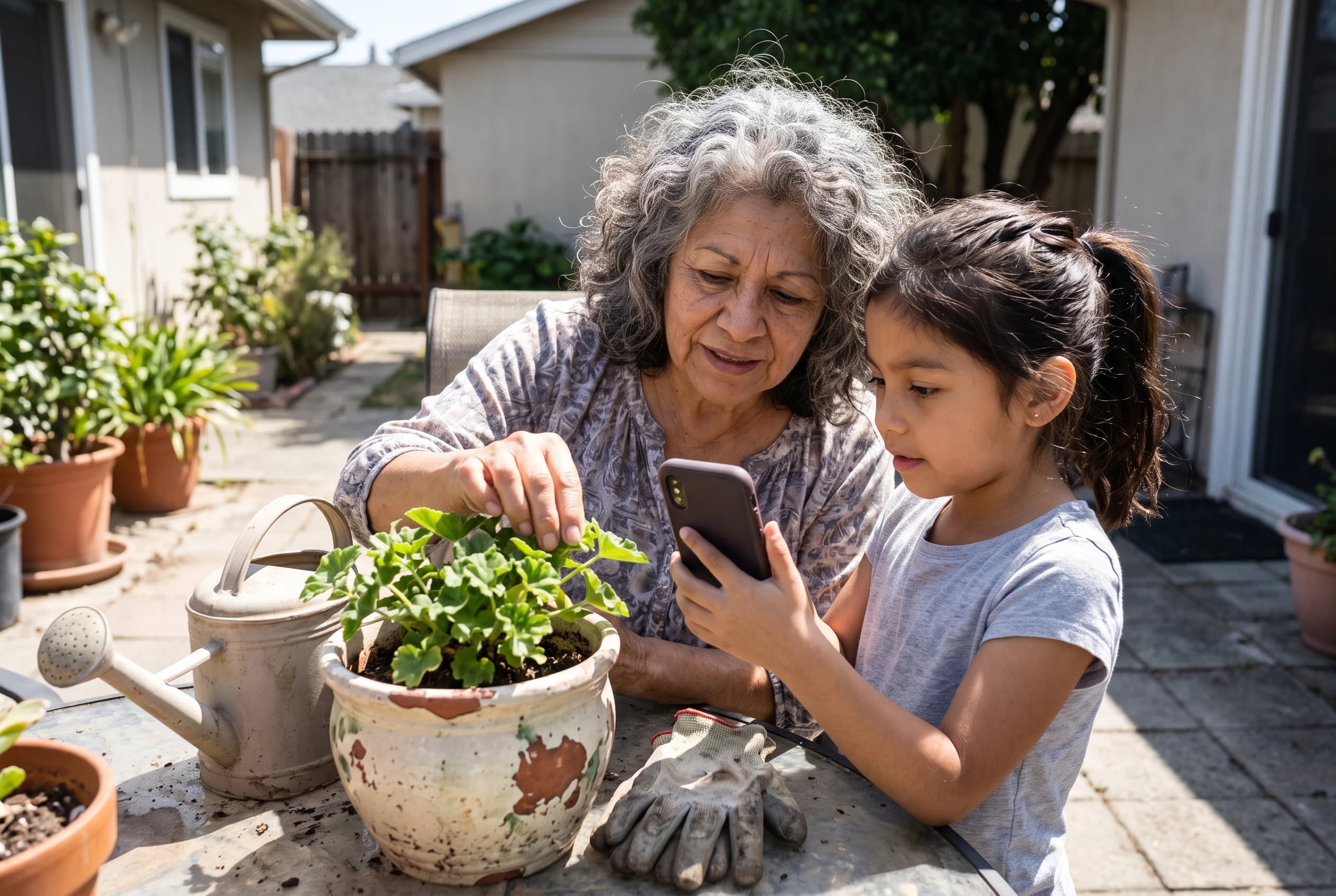 A grandmother and grandchild compare a container plant with a phone photo on a patio.
