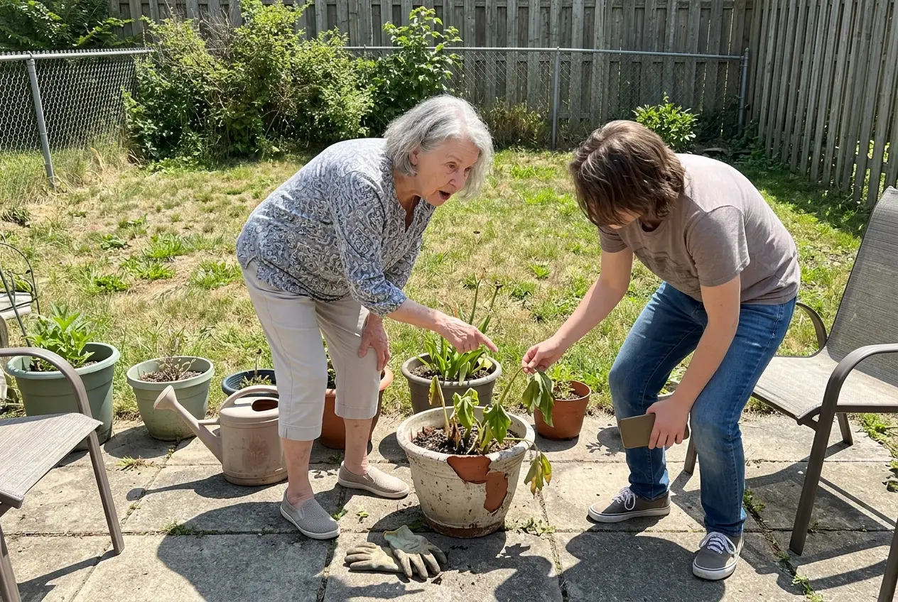 Grandfather and granddaughter photographing a tomato plant beside a wooden ruler in a large pot on a wheeled caddy on a patio.