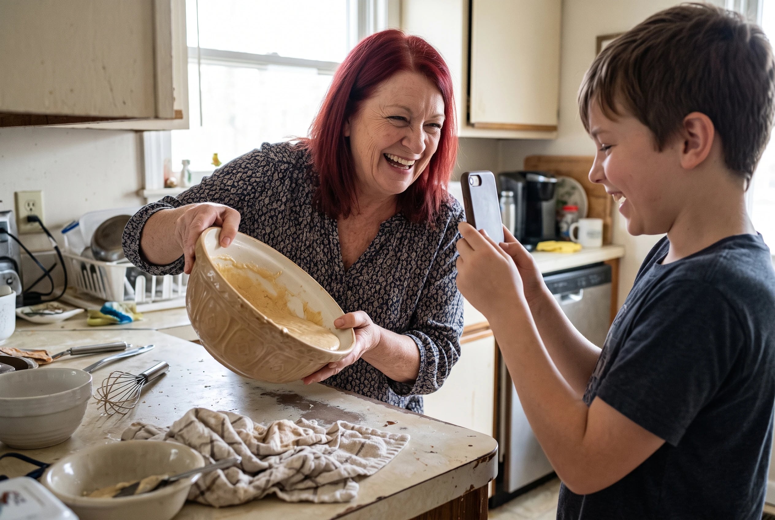 A grandmother lifts a mixing bowl toward a phone camera in her kitchen.