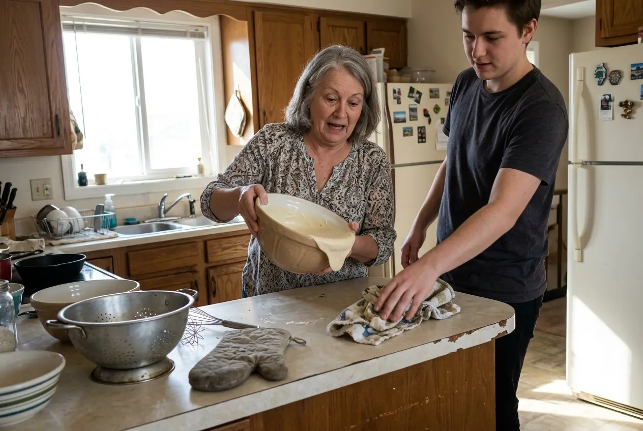 Grandmother in her kitchen cracking an egg into a mug while waving at her grandson on a phone propped on cookbooks.