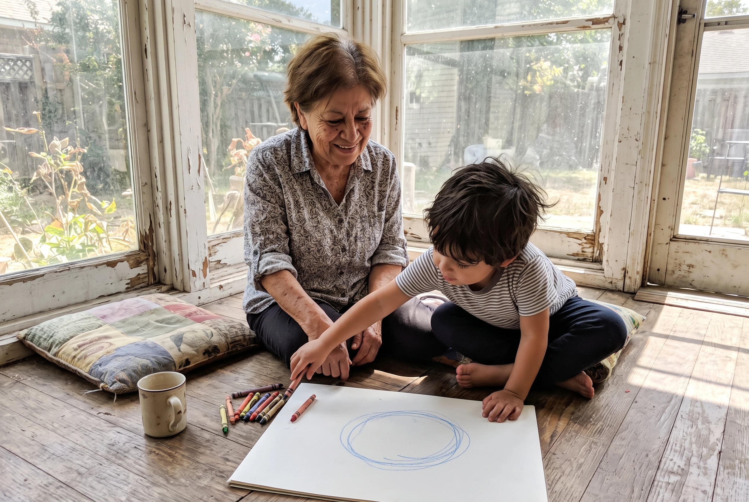 A grandmother and grandchild draw with crayons on the sunroom floor.