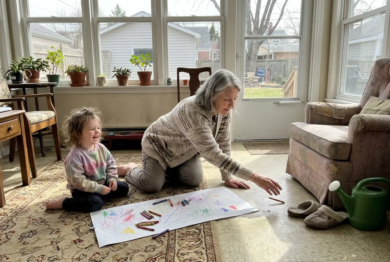 Grandmother and grandson painting a terracotta flowerpot on a garage workbench.