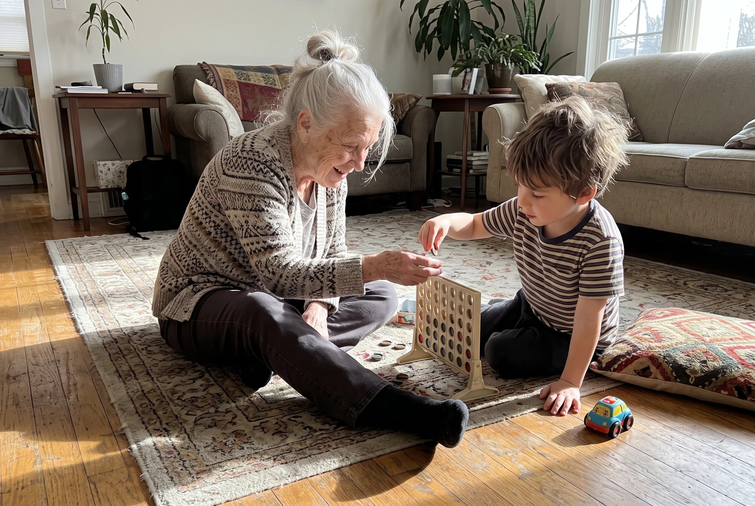 A grandmother and young grandchild play Connect 4 on a living room rug.