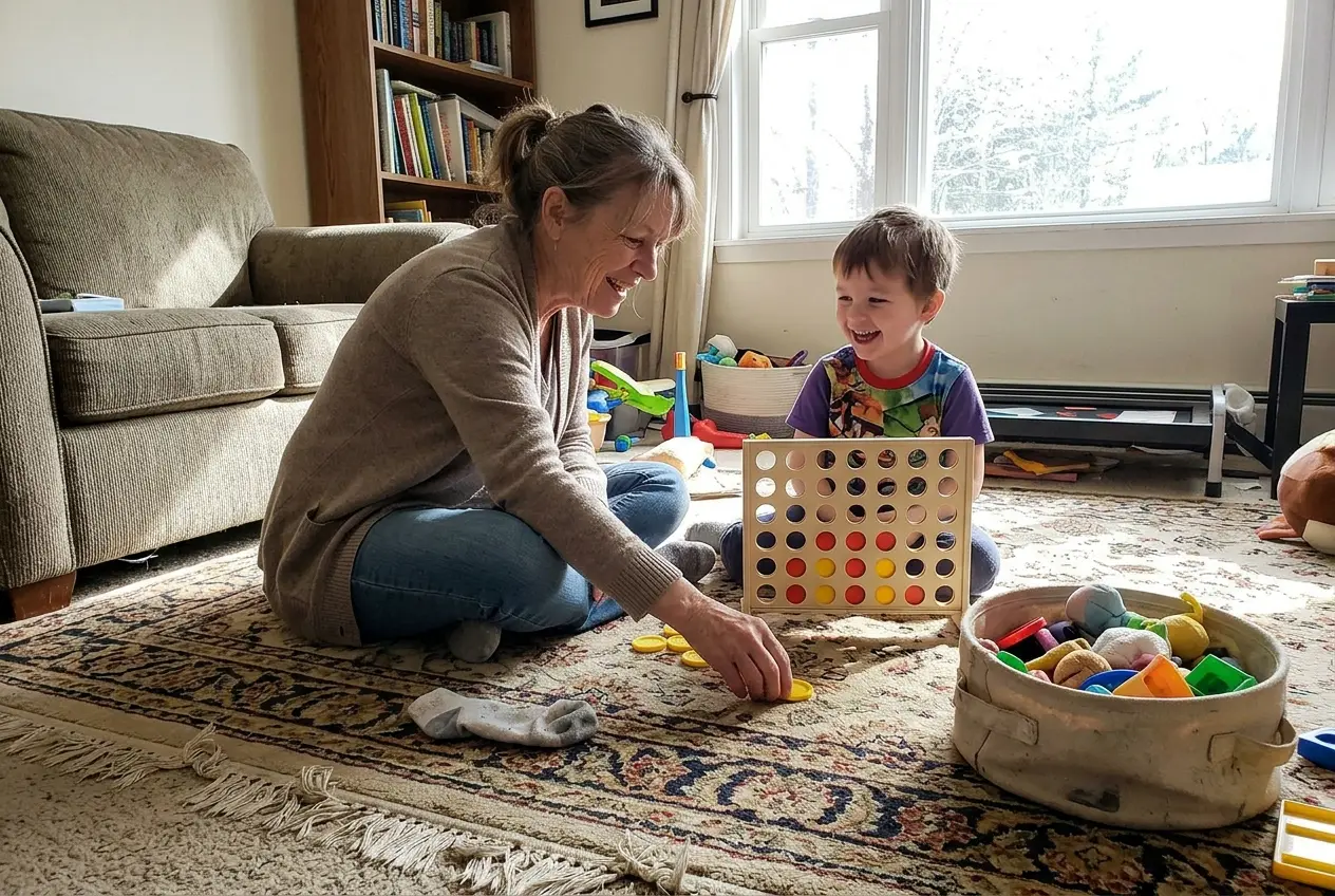 Grandfather and six-year-old grandson dropping checkers into a Connect 4 frame on a living room rug.
