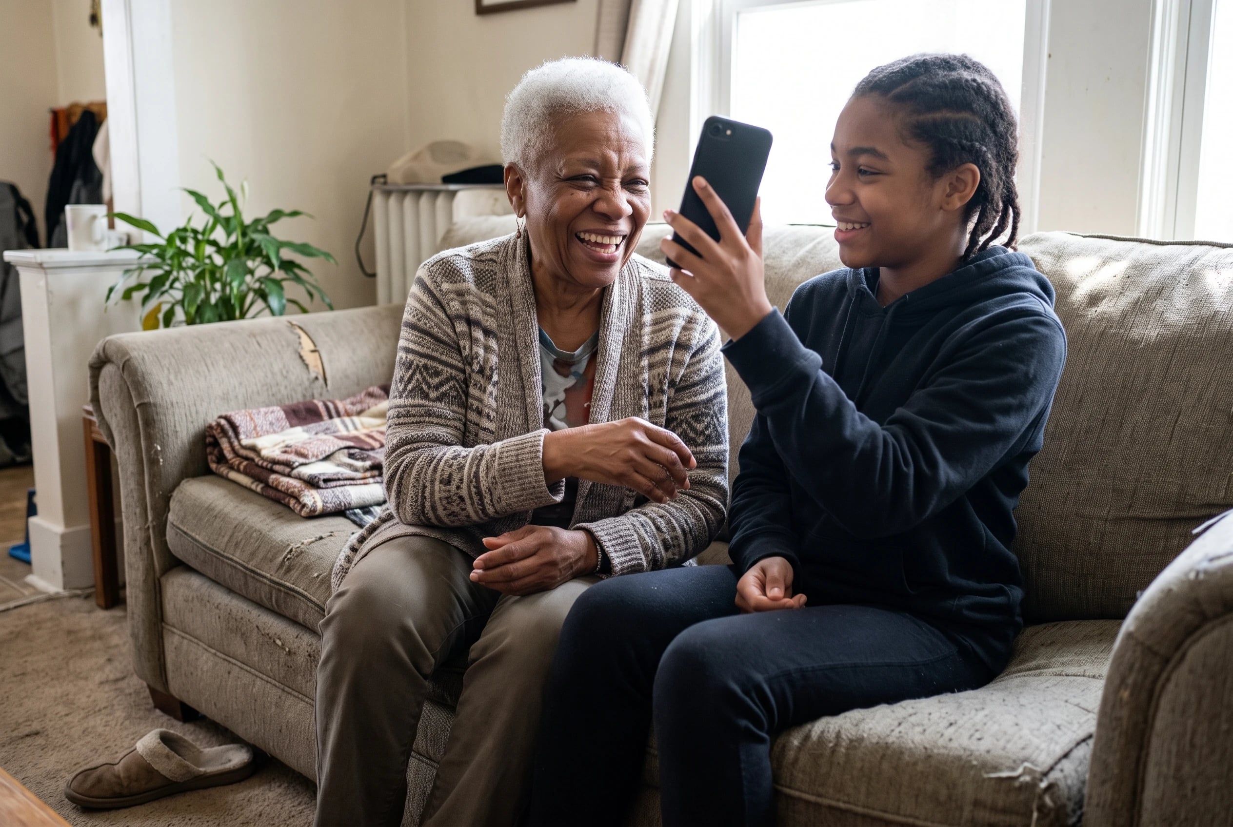 A grandmother speaks into a phone held by her grandchild on the sofa.