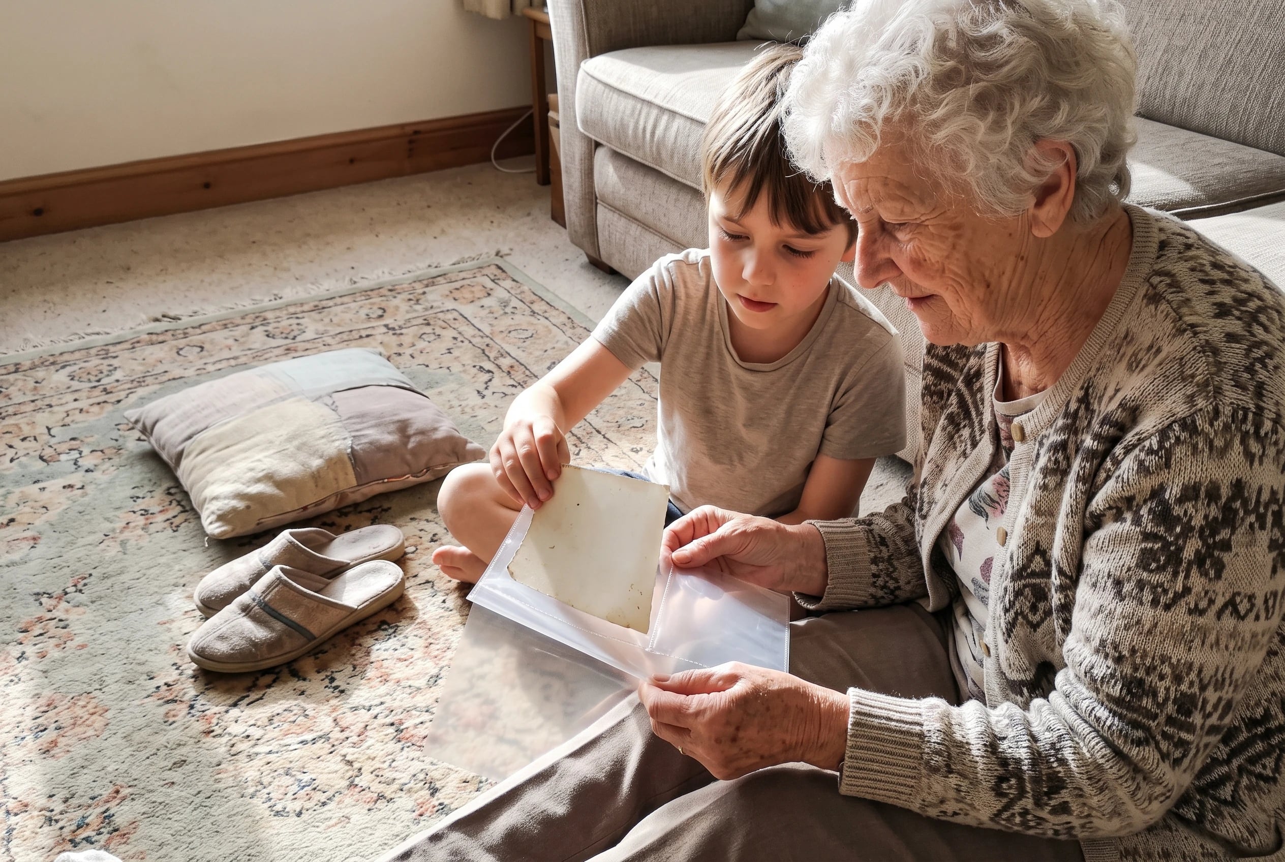 A grandmother and grandchild place an old photograph into a scrapbook sleeve on the living room floor.