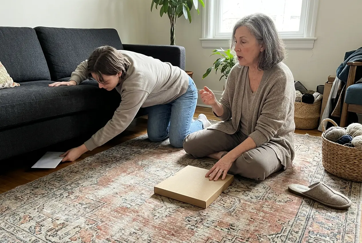 Grandmother and granddaughter on a sofa sorting old black-and-white photos out of a shoebox.