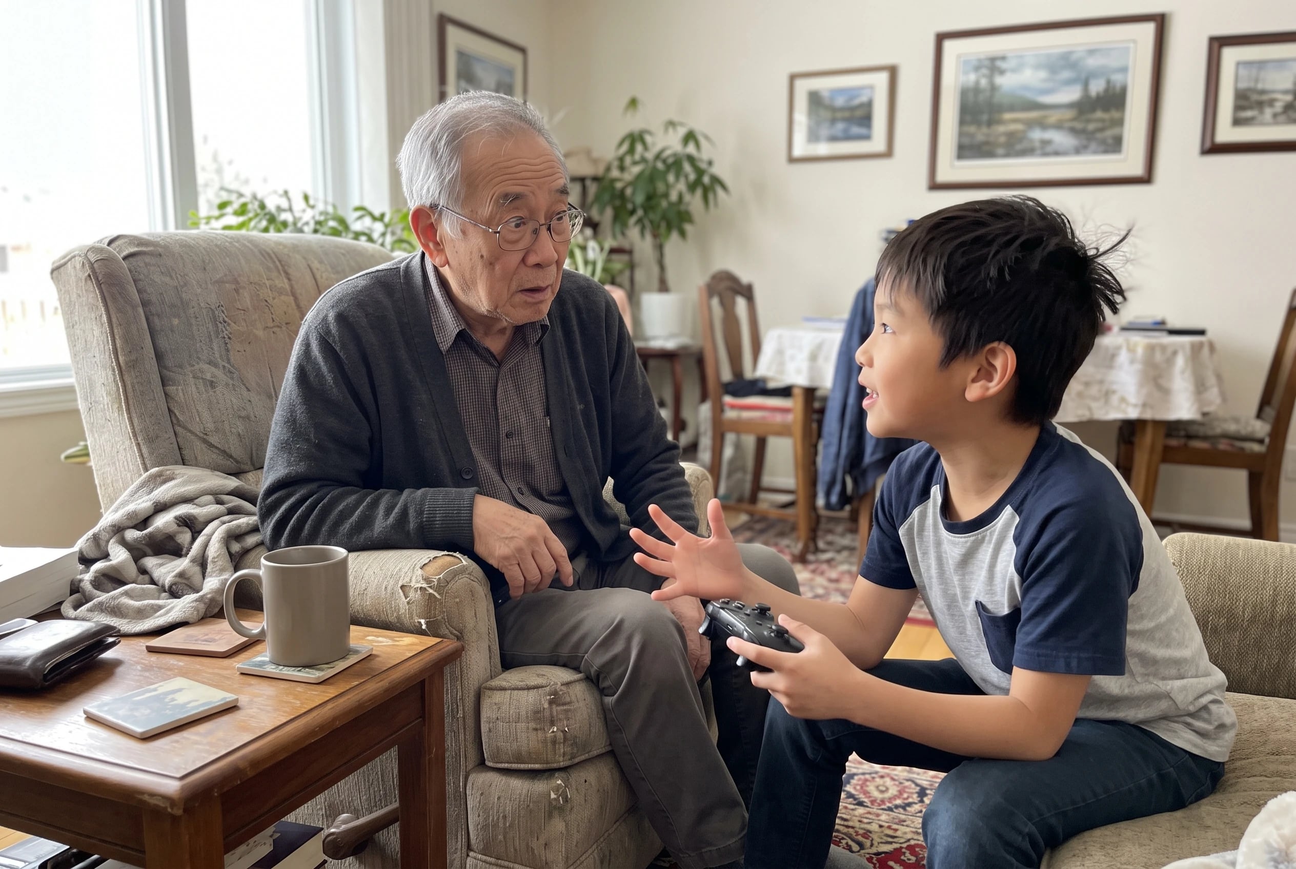 A grandfather listens while his grandchild demonstrates a video game in the den.