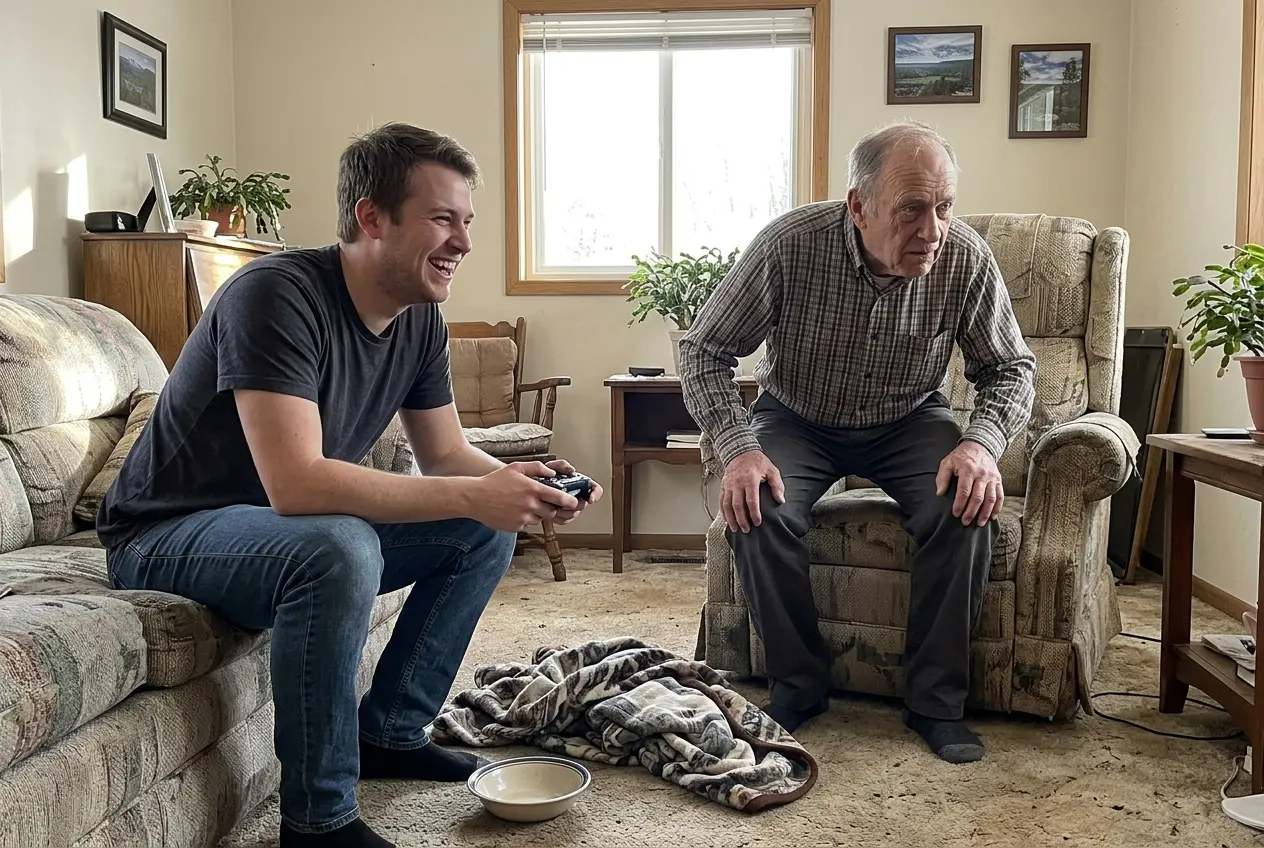 Grandmother on a couch gripping a game controller while her teenage grandson leans over to show her a button.