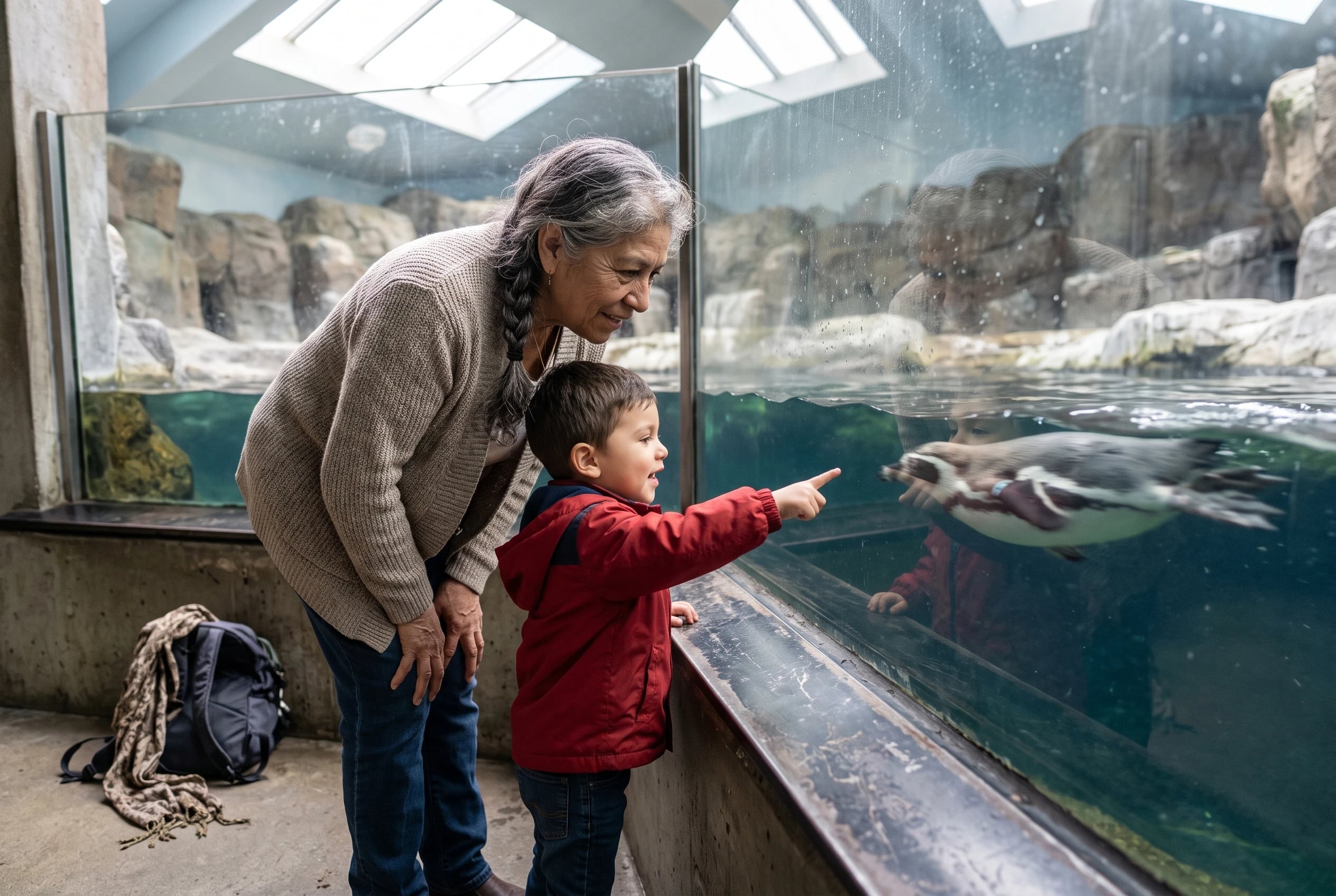 A grandmother and grandchild watch penguins through zoo glass.