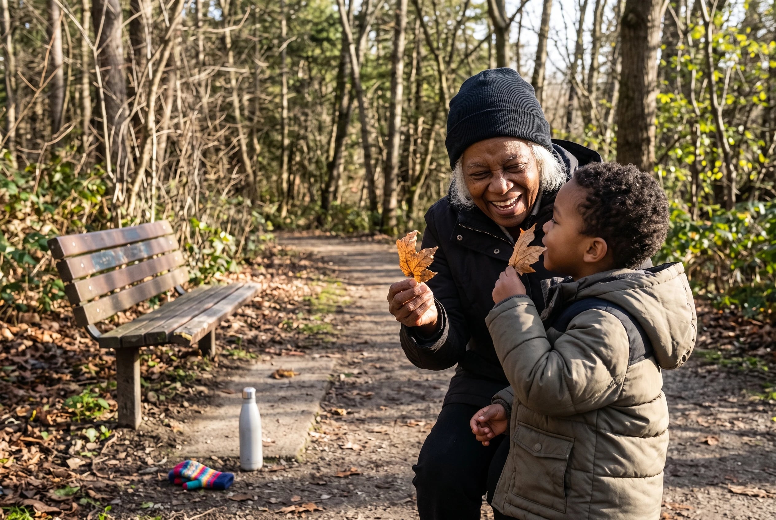A grandmother and grandchild compare two leaves on a park path.