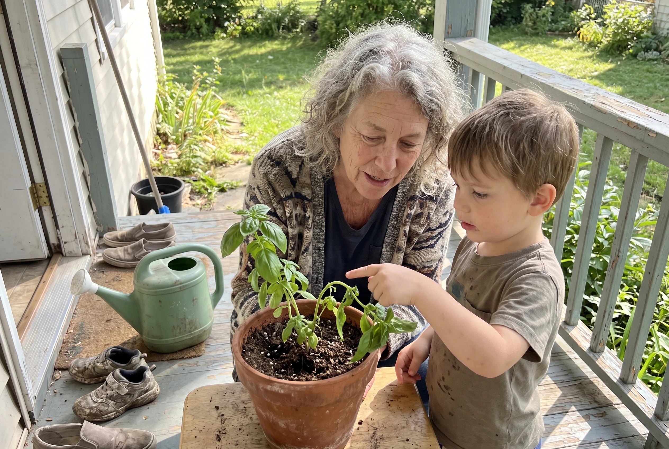 A grandmother and grandchild inspect a potted herb on a porch.