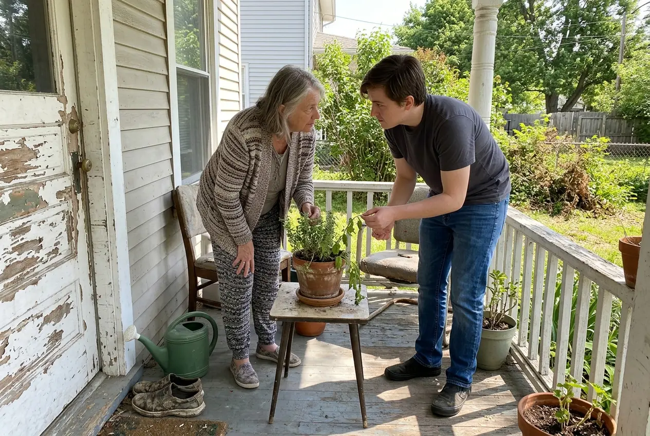 Grandmother and a five-year-old snipping basil with safety scissors from a pot on a sunny back step.